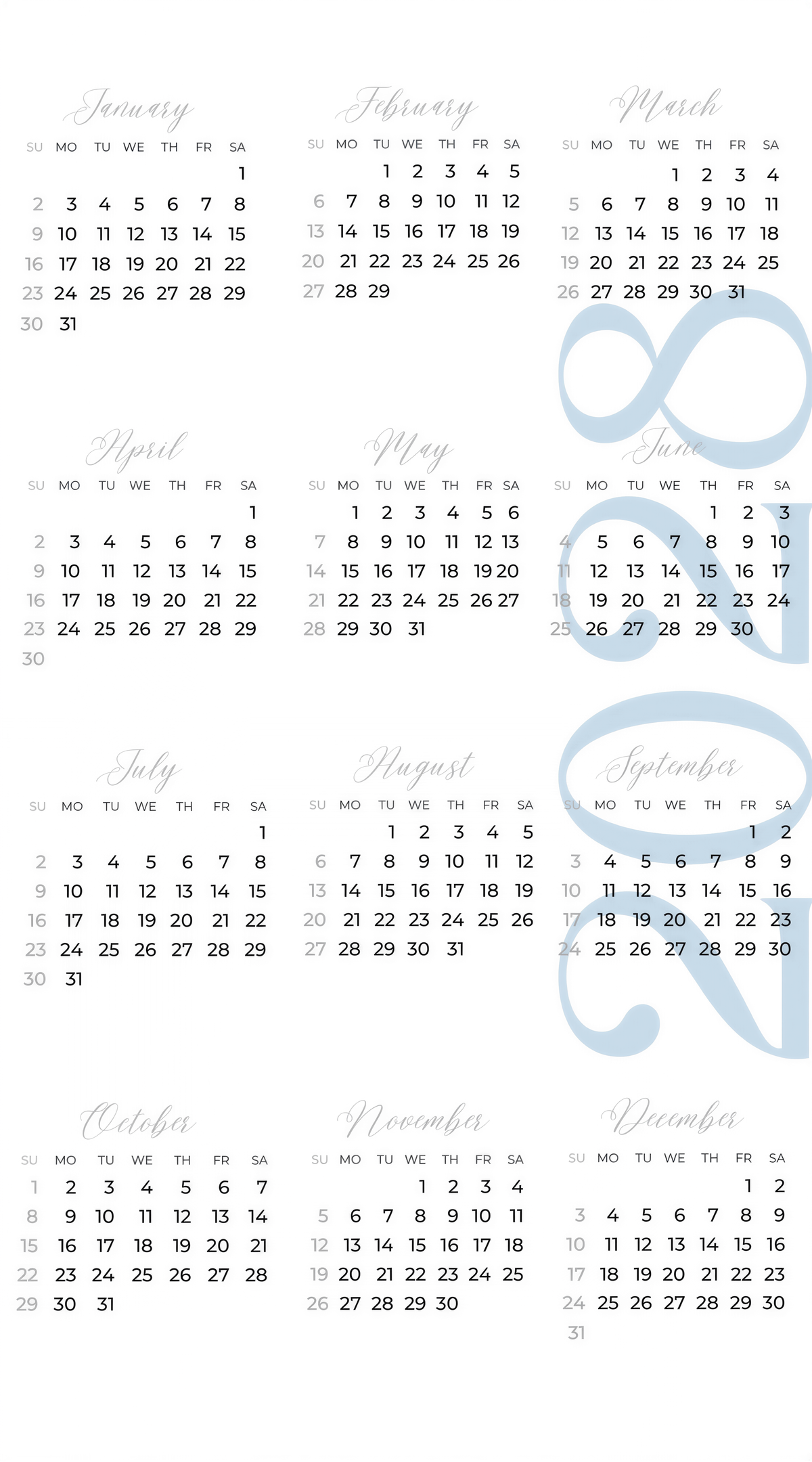 The image is a calendar for the months of the year, showing the days of the week and the dates for each month.