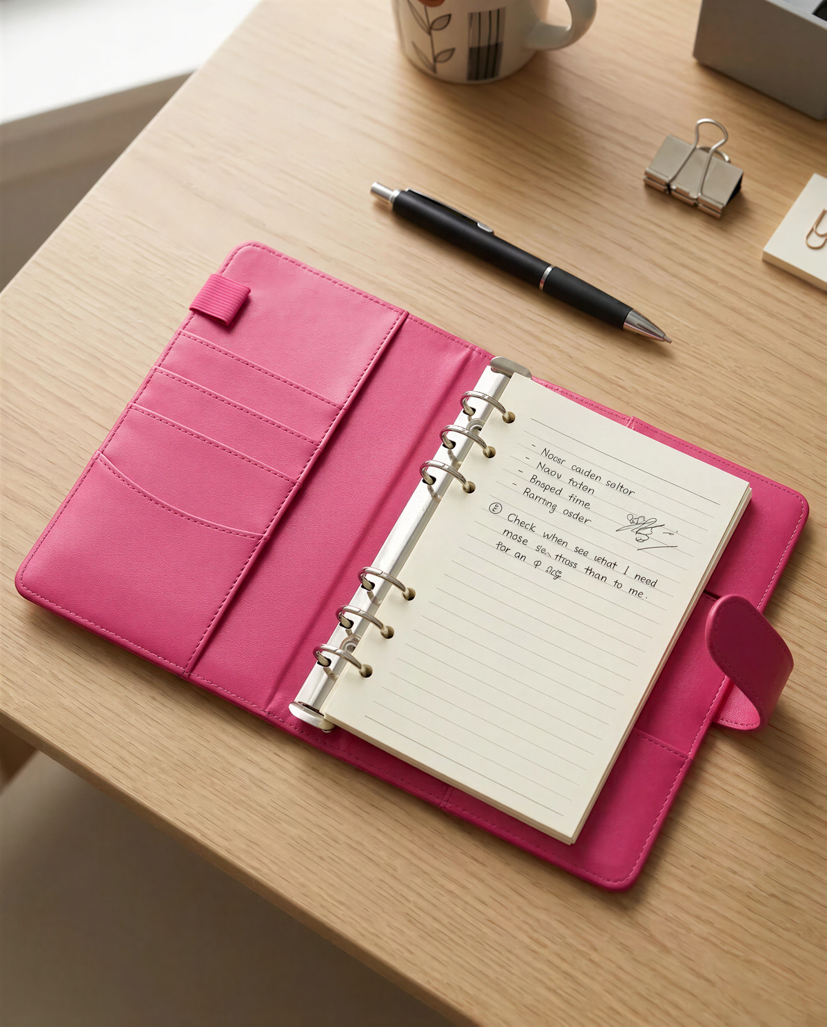 a pink leather-bound notebook with handwritten notes, a pen, and a coffee mug on a wooden desk.