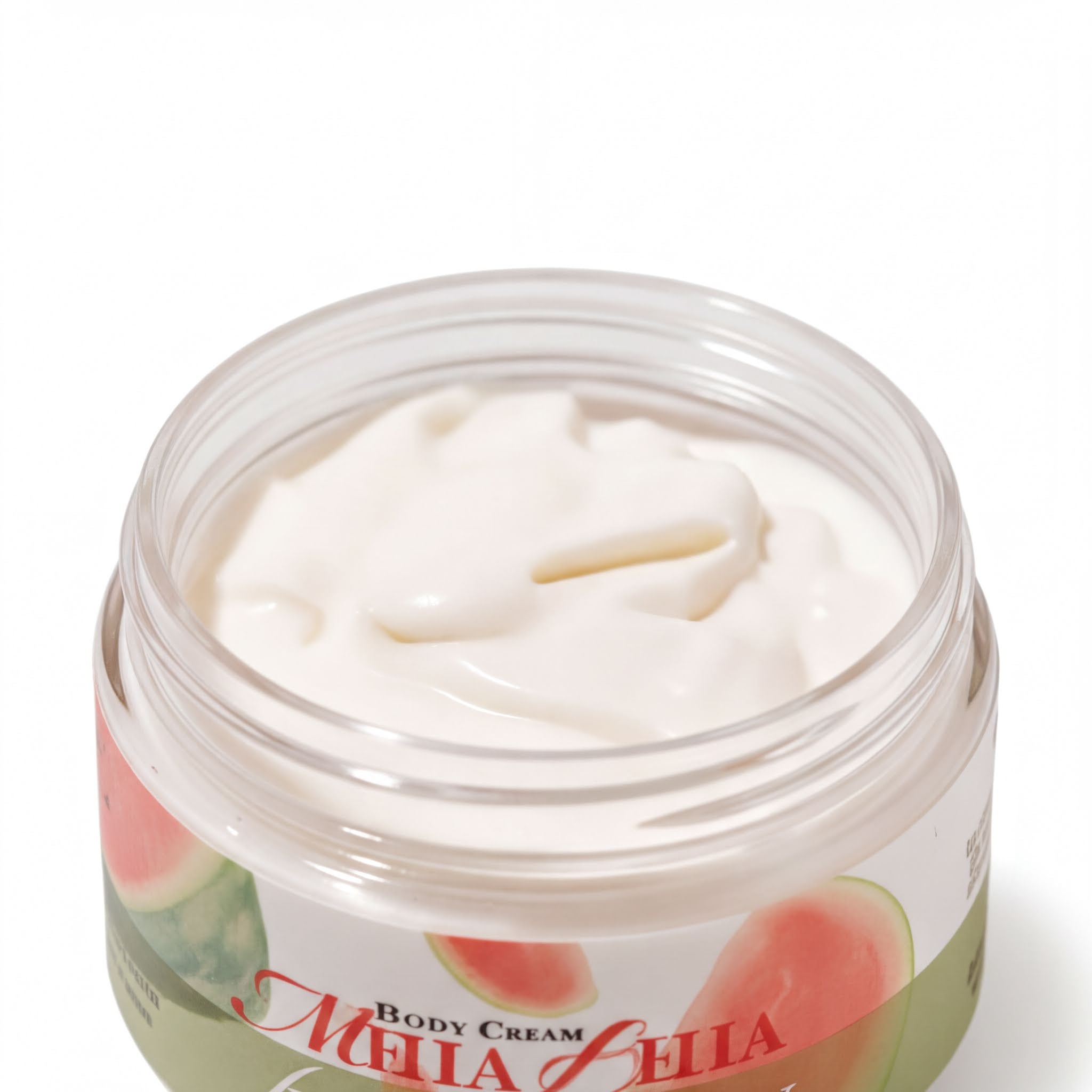A jar of body cream with a label featuring a watermelon design.