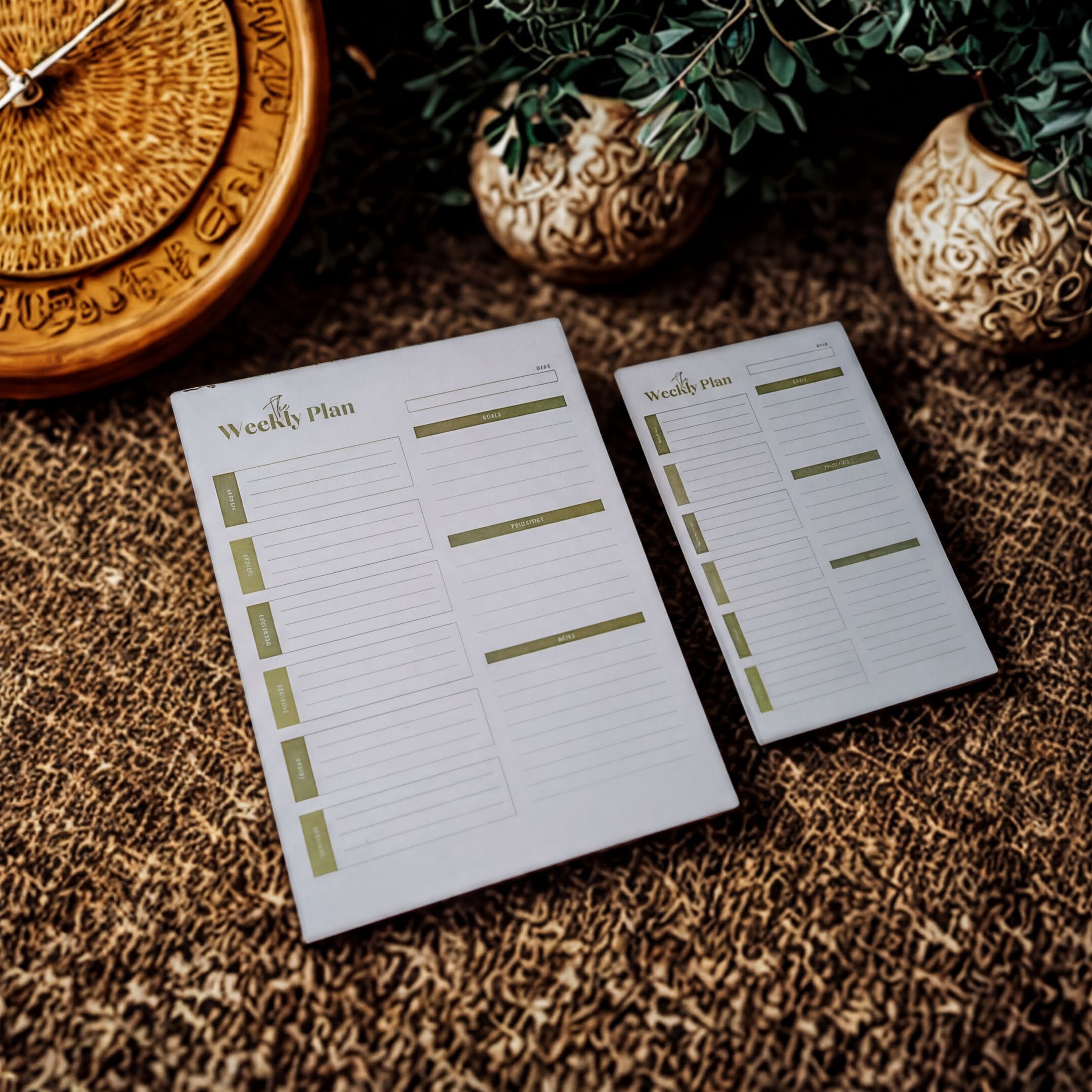two white planners with green lines, placed on a brown surface. There are also two small vases and a clock in the background.