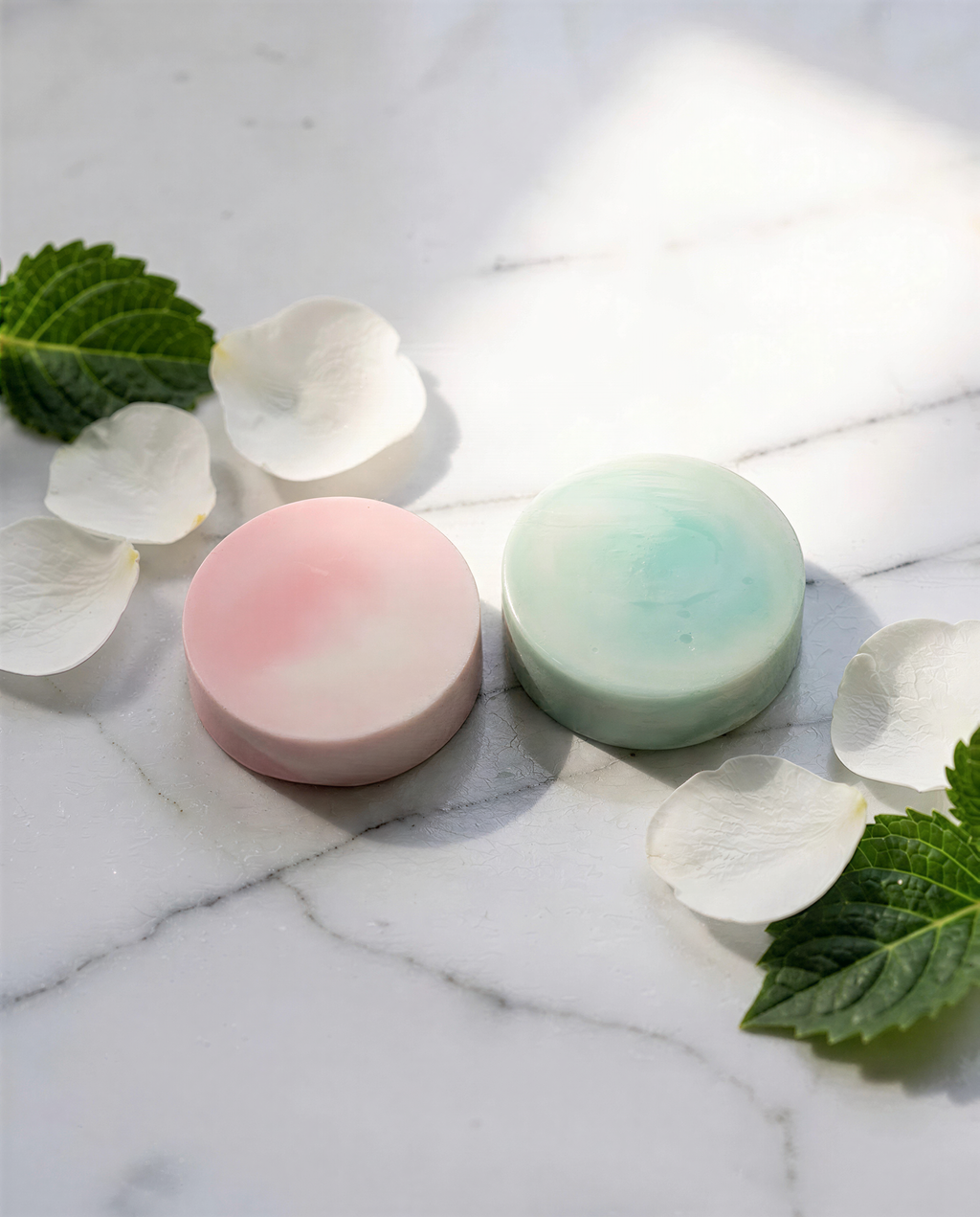 two round, colorful soaps and some white rose petals arranged on a marble surface, with green leaves scattered around.