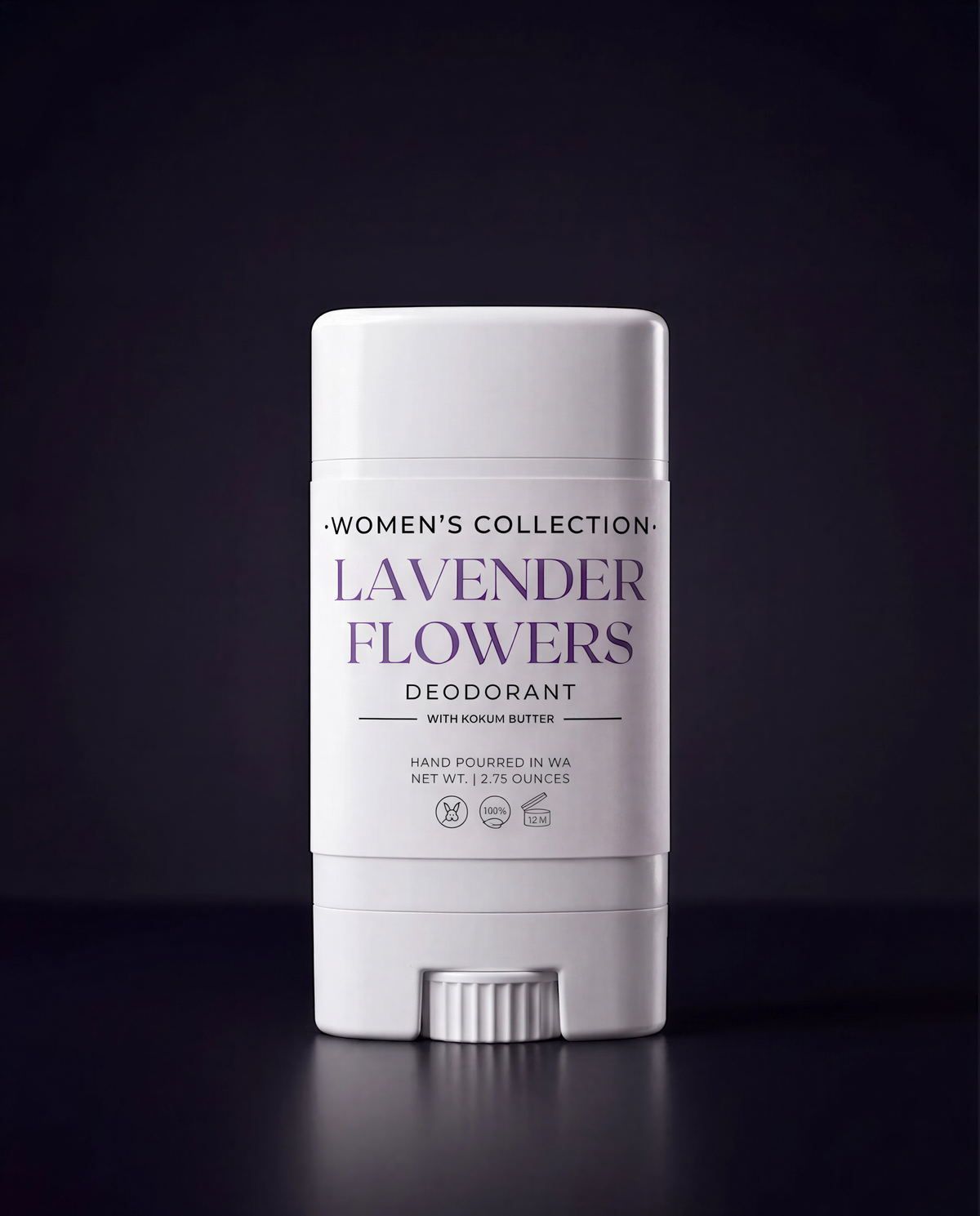 A white deodorant stick with purple text, labeled as "LAVENDER FLOWERS" and "DECORANT".
