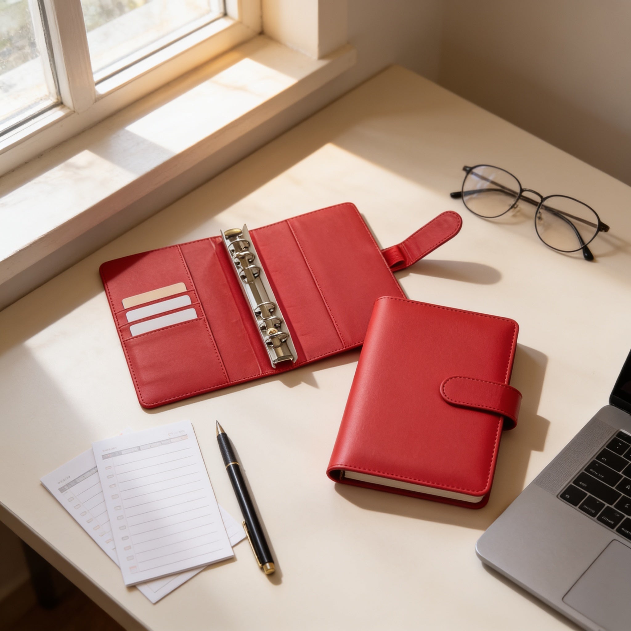 a red leather binder, a pair of glasses, a laptop, and some stationery items such as a notebook and a pen, all arranged on a desk.