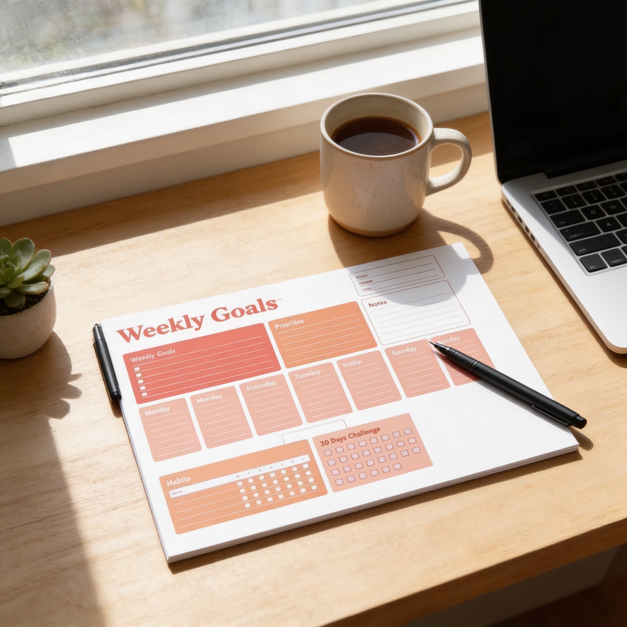 a wooden desk with a laptop, a cup of coffee, a pen, and a calendar or weekly goals planner.