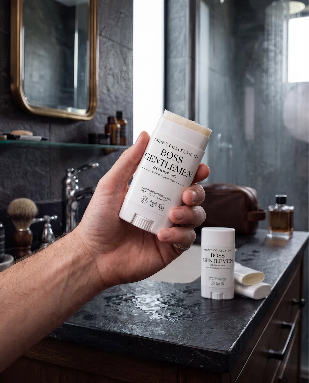 A hand holding a white male grooming product labeled "BOSS COLLECTION MEN'S COLLECTION GENTLEMAN" in a bathroom setting.