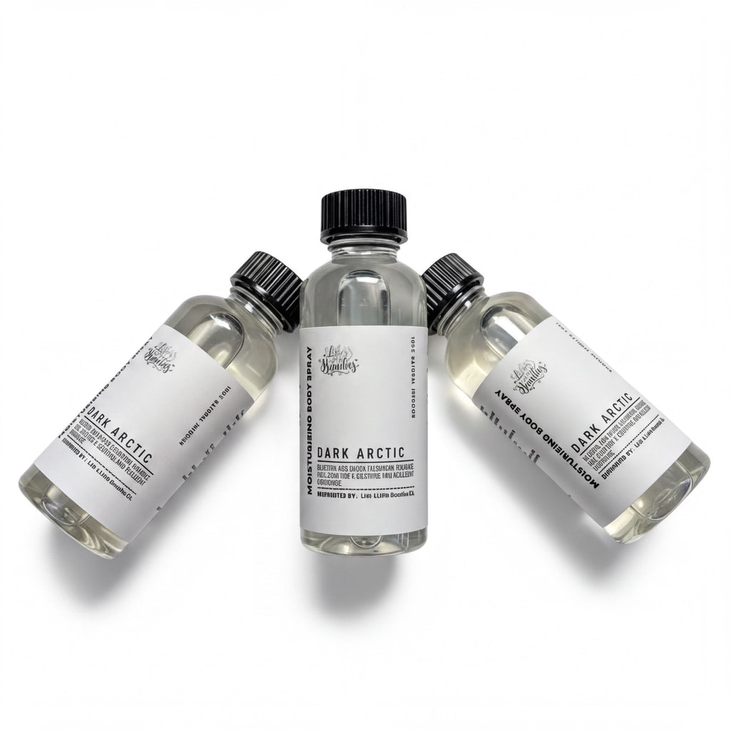Three bottles of dark Arctic body oil are arranged in a row against a white background.