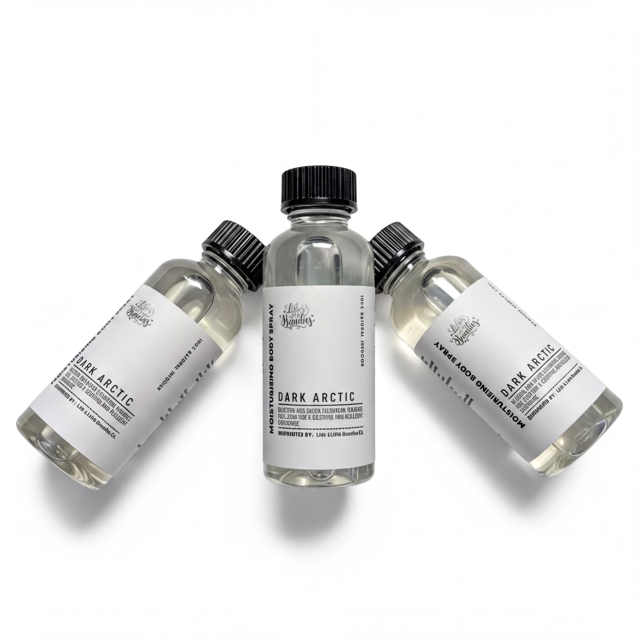 Three bottles of dark Arctic body oil are arranged in a row against a white background.