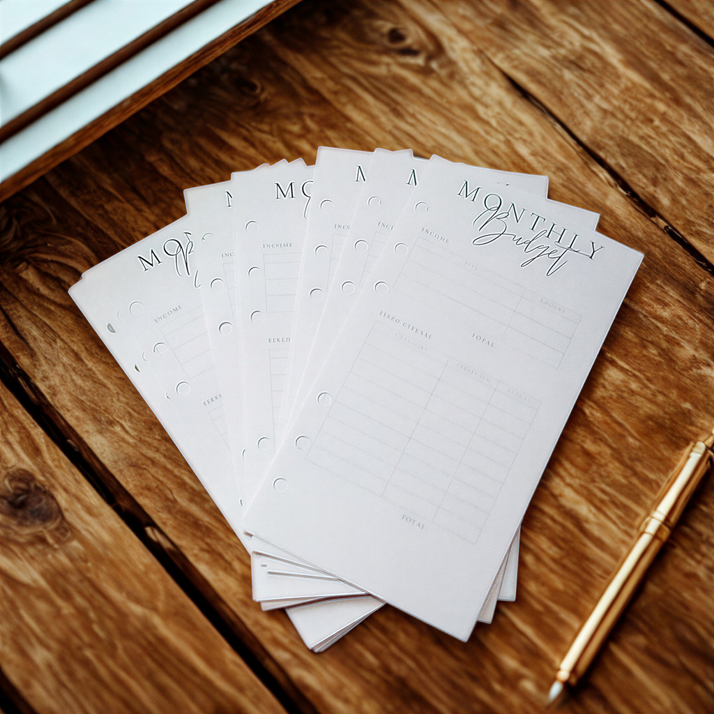 A stack of white planners with the word "Monthly Budget" written on them, placed on a wooden surface.