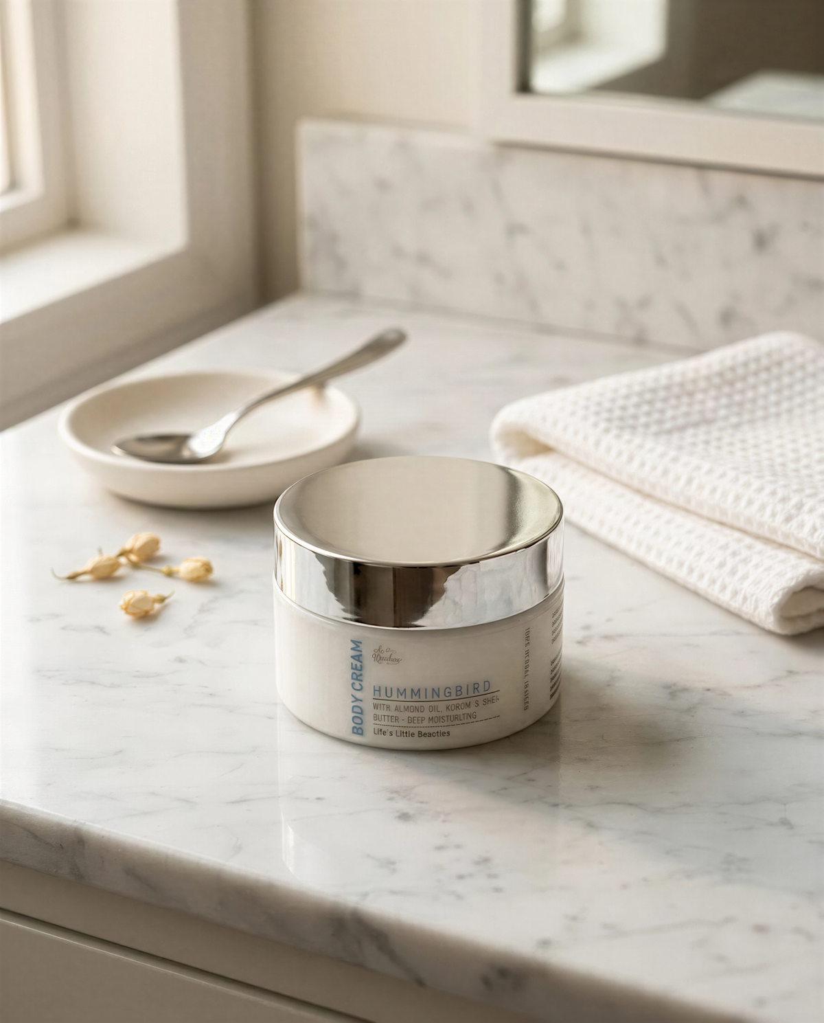 a jar of body cream on a marble countertop, with a spoon and a small bowl of flowers nearby.