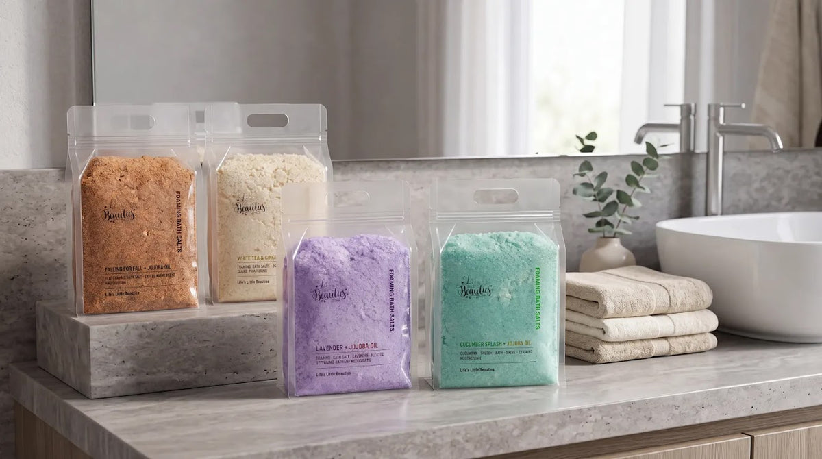 four packages of bath products on a bathroom counter, with a sink and towels visible in the background.
