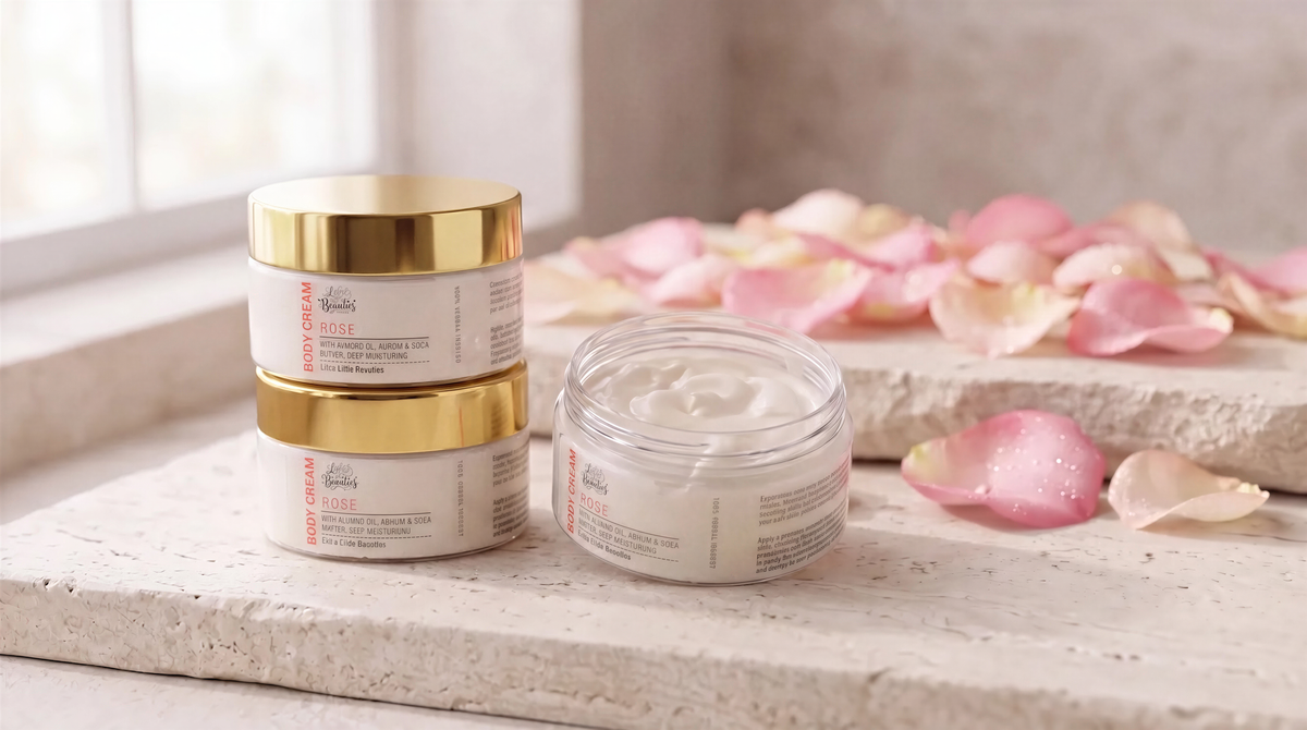 three jars of cream with gold lids, placed on a white surface. There are also some rose petals scattered around the jars, creating a visually appealing and relaxing atmosphere.