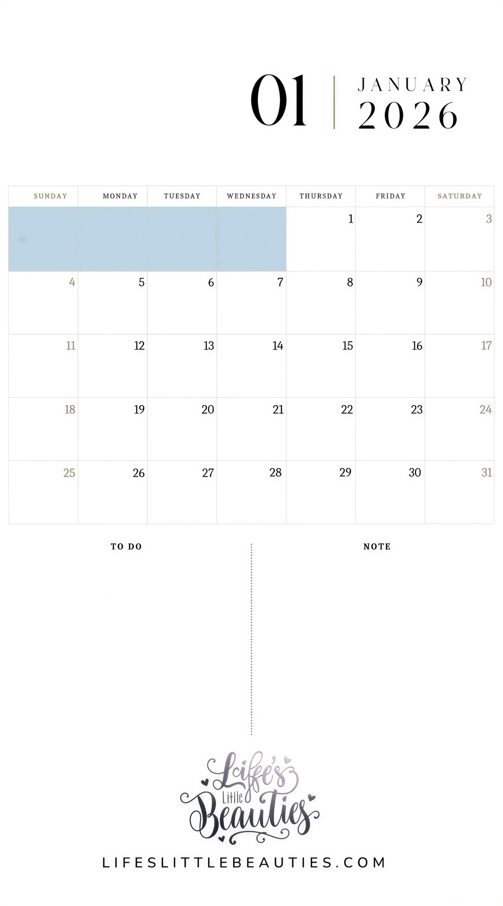 The image is a calendar for January of the year 2026. It shows the days of the week and the dates for each day.