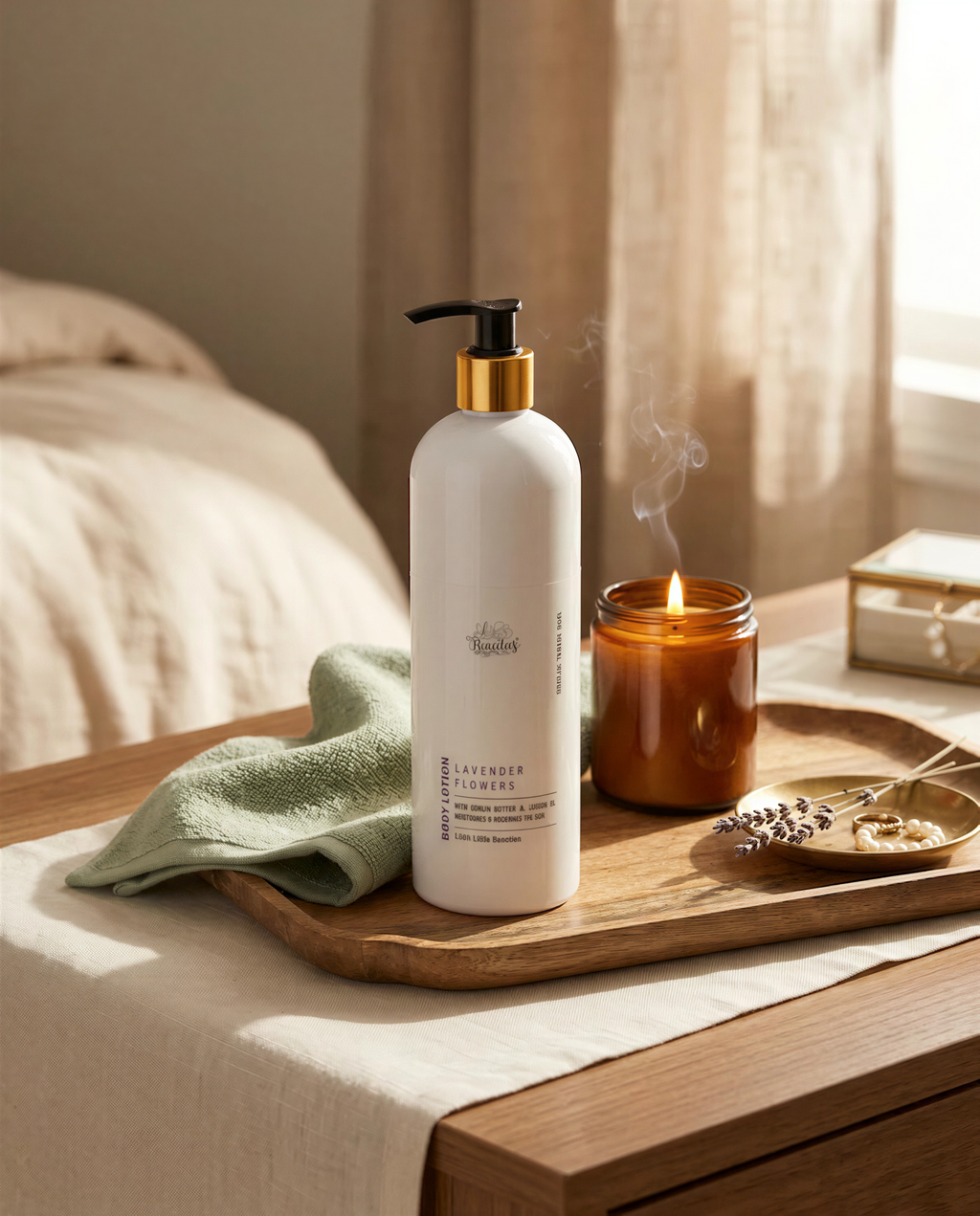 A bottle of "Lavender Flower Lotion" with a pump dispenser, a candle, and a small tray with a green cloth and a small bowl of flowers are arranged on a wooden nightstand.