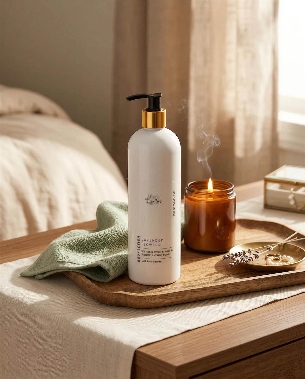 A bottle of "Lavender Flower Lotion" with a pump dispenser, a candle, and a small tray with a green cloth and a small bowl of flowers are arranged on a wooden nightstand.