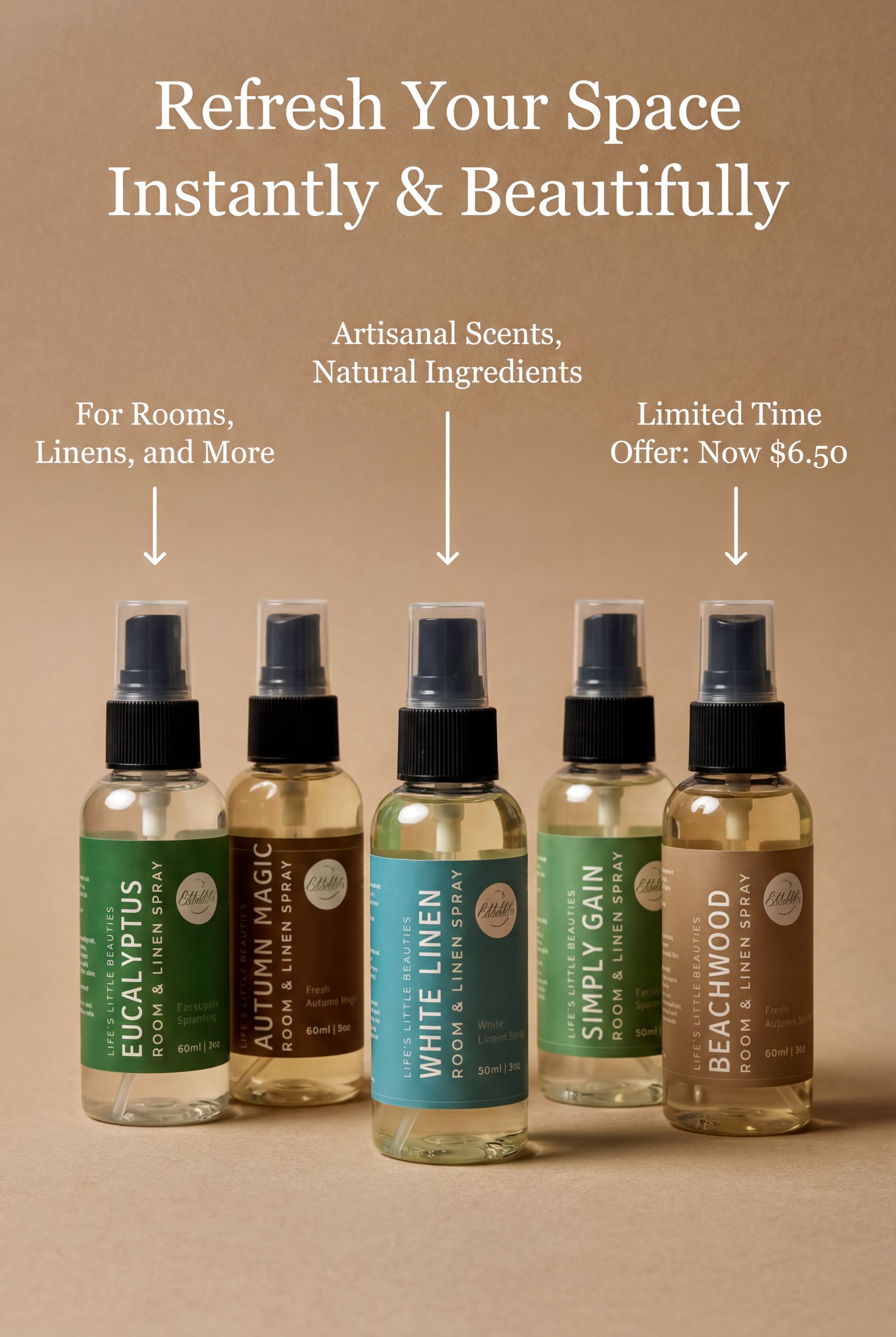 five bottles of room sprays, each with a different scent, arranged in a row against a beige background.
