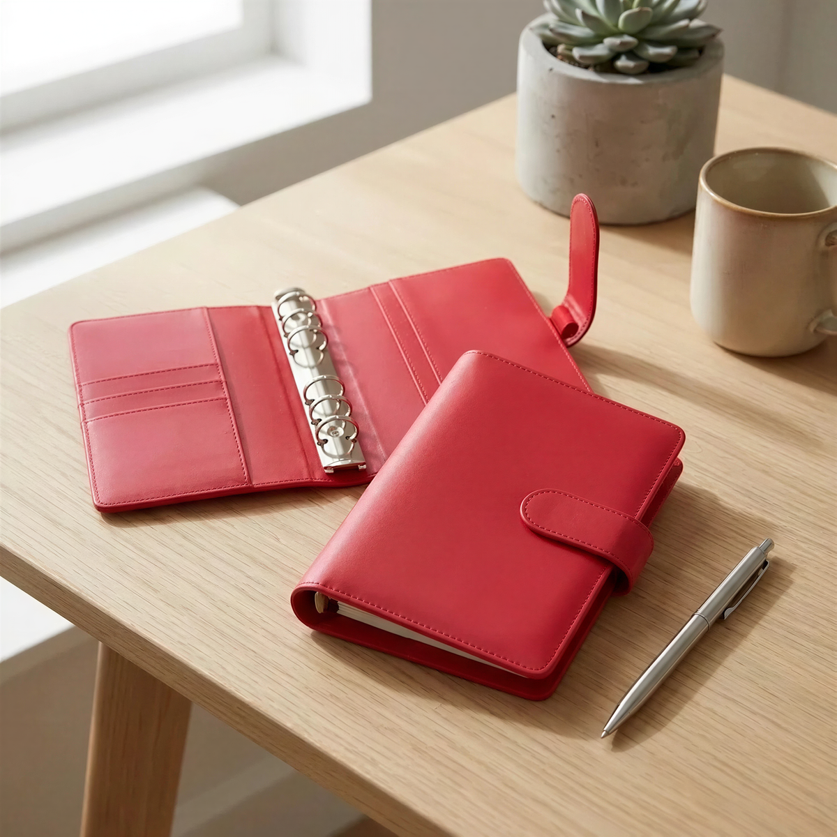 A red leather-bound notebook, a pen, and a coffee cup are arranged on a wooden table, with a potted plant visible in the background.