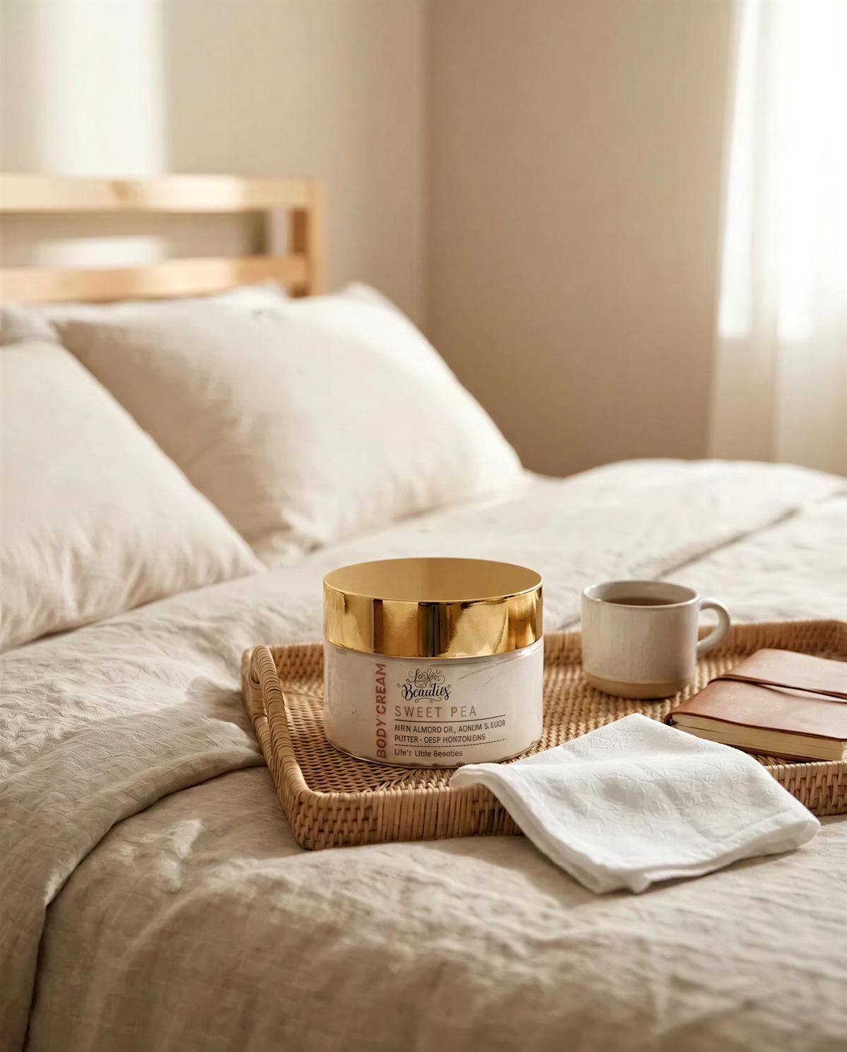 A tray with a jar of "Sweet Pea" lotion, a white mug, and a book on a bed with white pillows.