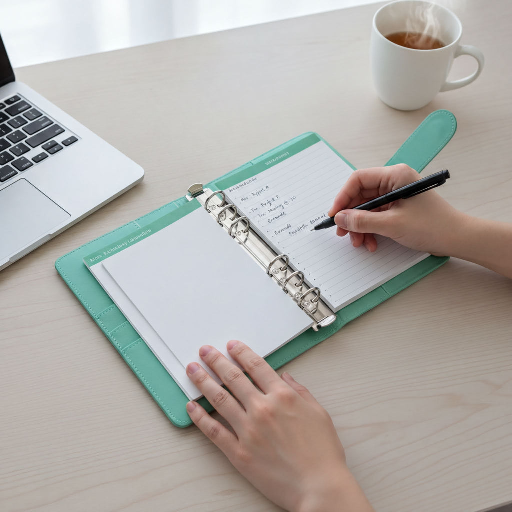 A person's hands are seen writing in a green notebook on a wooden desk, with a laptop and a cup of coffee nearby.