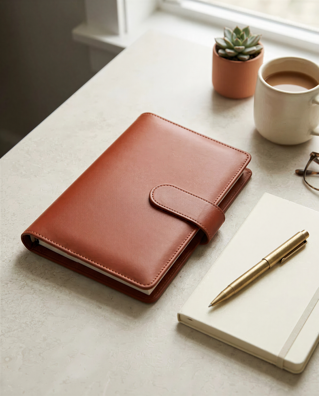 A brown leather-bound notebook, a gold pen, and a white coffee cup are arranged on a light-colored surface, with a small potted succulent plant in the background.