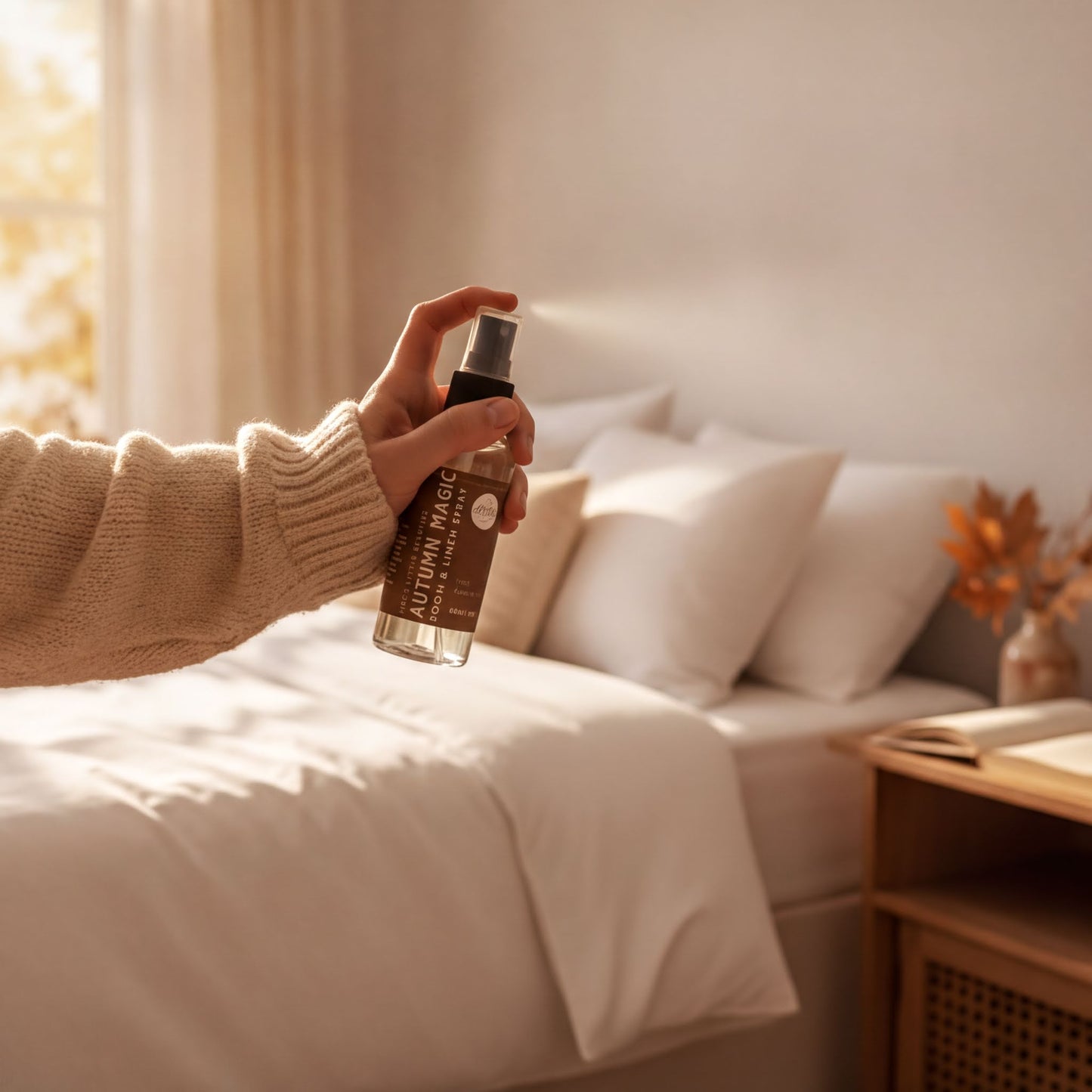 A hand holding a spray bottle of mist in a bedroom setting.
