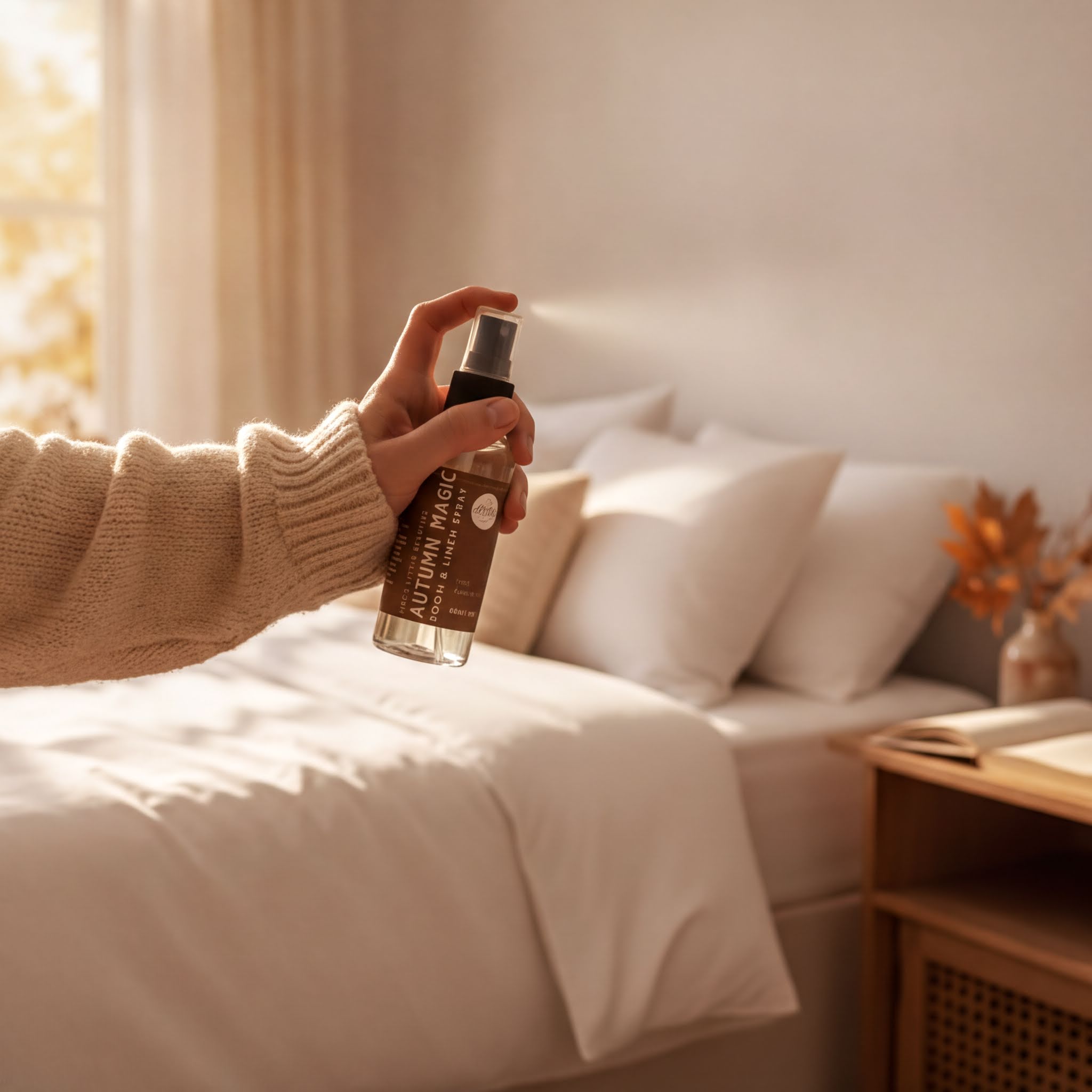 A hand holding a spray bottle of mist in a bedroom setting.
