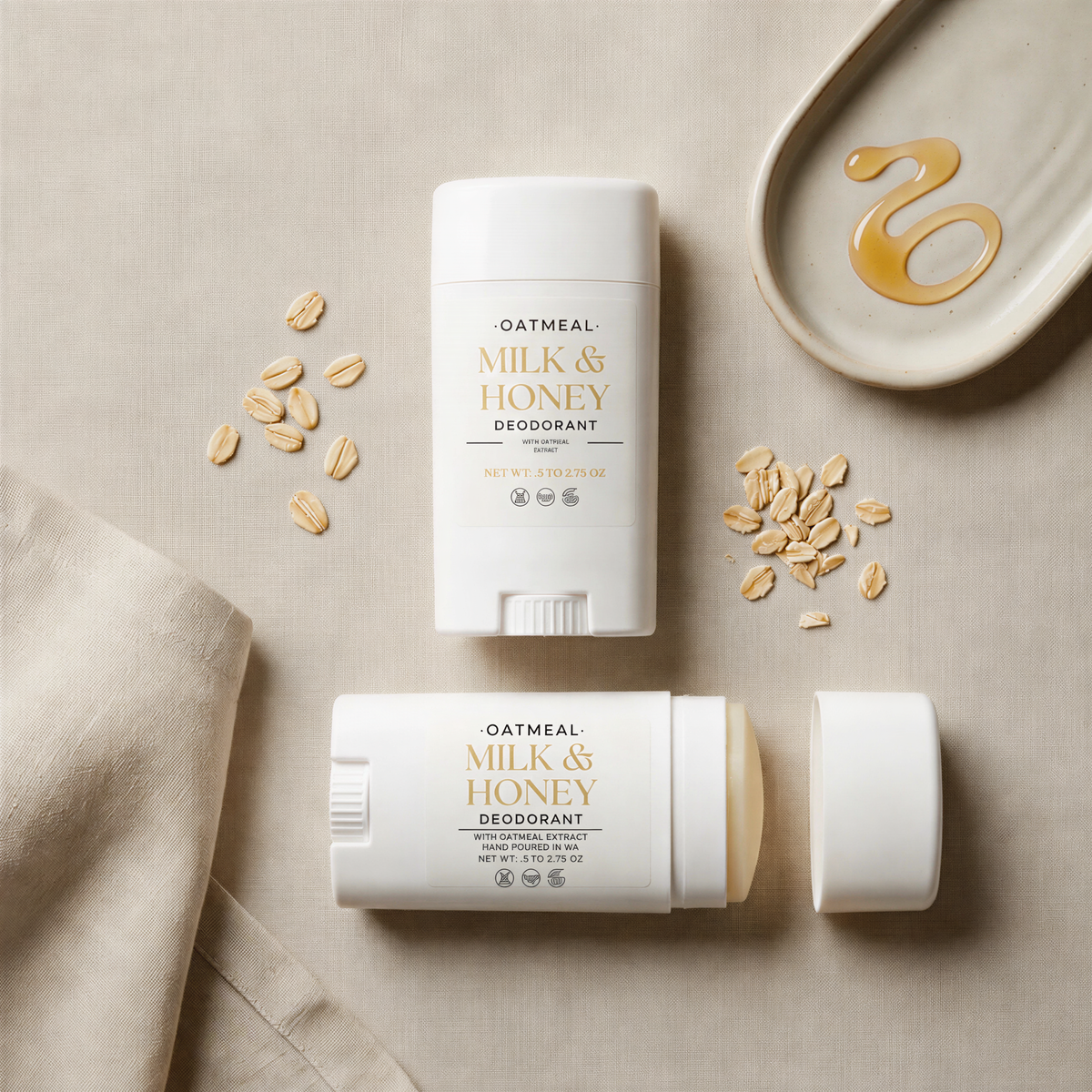 two deodorant sticks and some oats on a beige background.