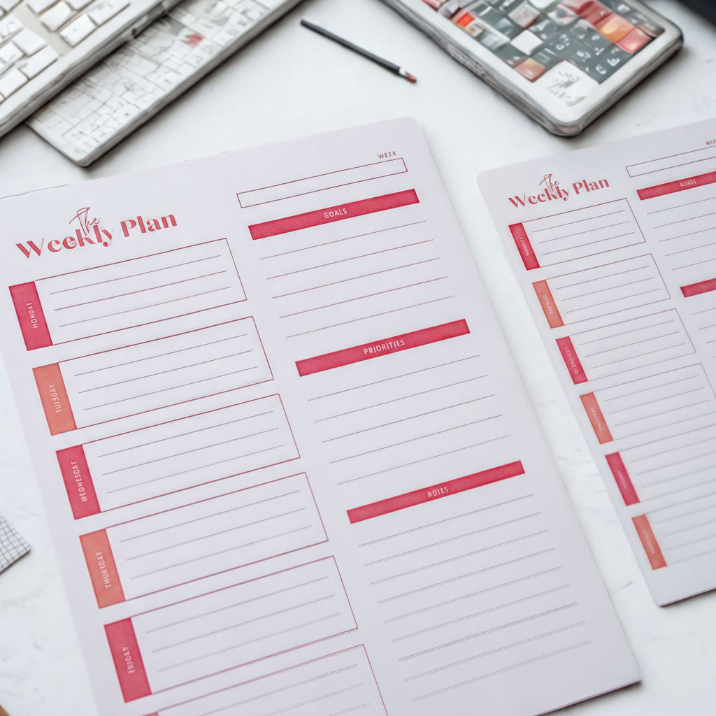 a white desk with two planners or schedules laid out on it. The planners have a pink and white color scheme and are labeled "Weekly Plan" and "Notes". There is also a keyboard and a pen visible on the desk.