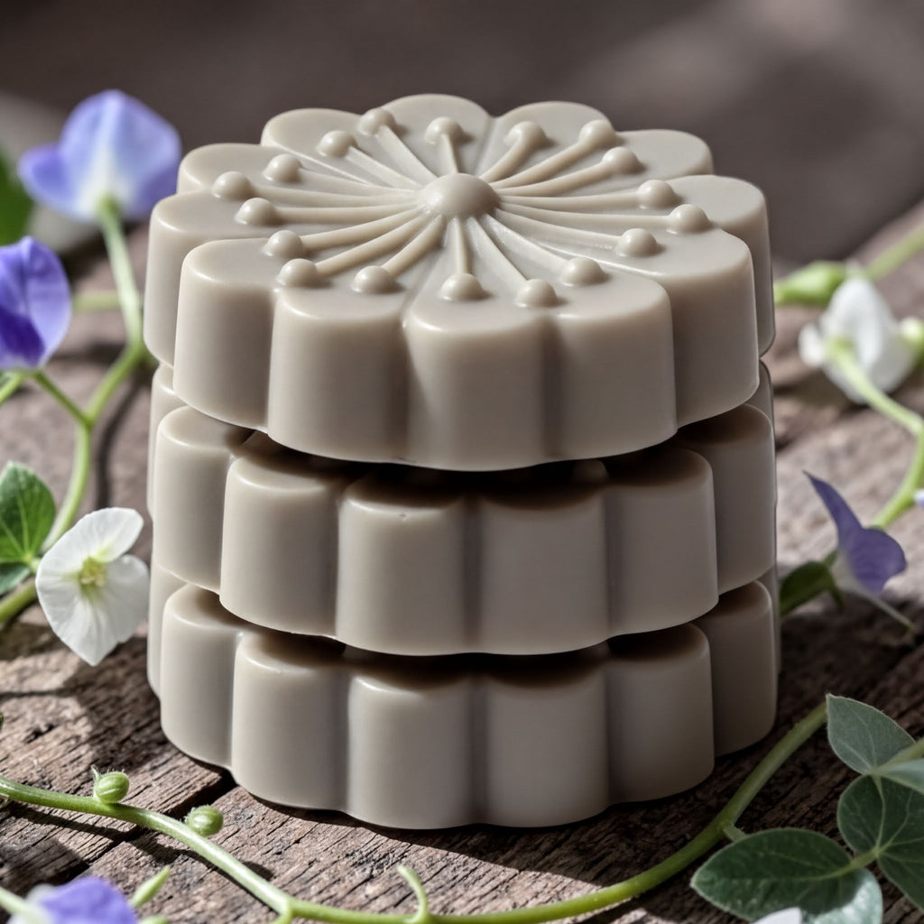 A stack of three gray flower-shaped objects is placed on a wooden surface, surrounded by purple flowers and green leaves.