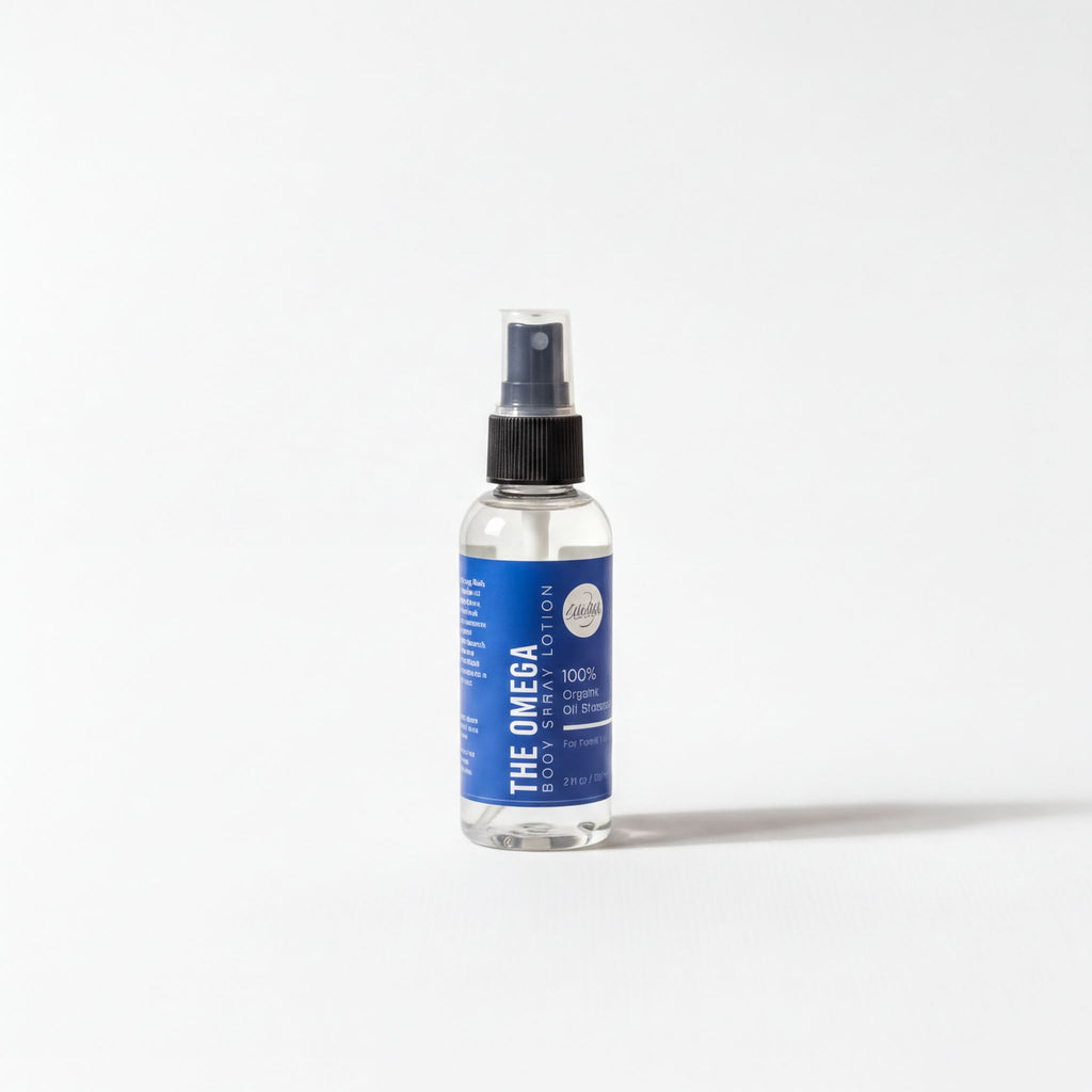 A clear bottle with a blue label that reads "THE OMEGA Lotion 100% ORGANIC OIL".