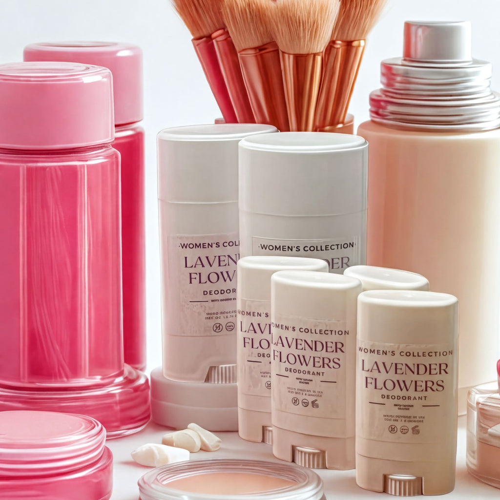 a collection of women's deodorant products, including deodorant sticks and a deodorant brush, arranged on a white background.