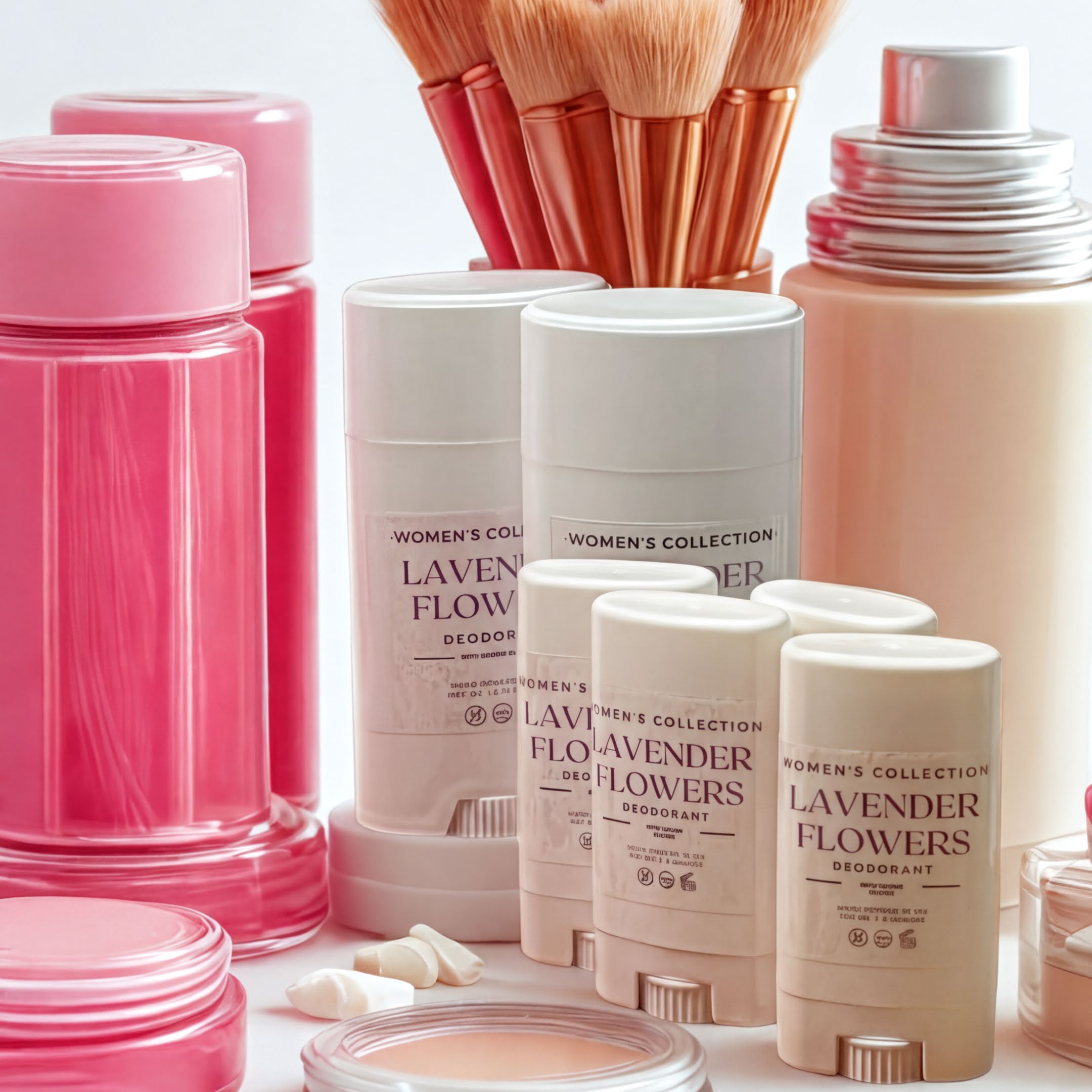 a collection of women's deodorant products, including deodorant sticks and a deodorant brush, arranged on a white background.