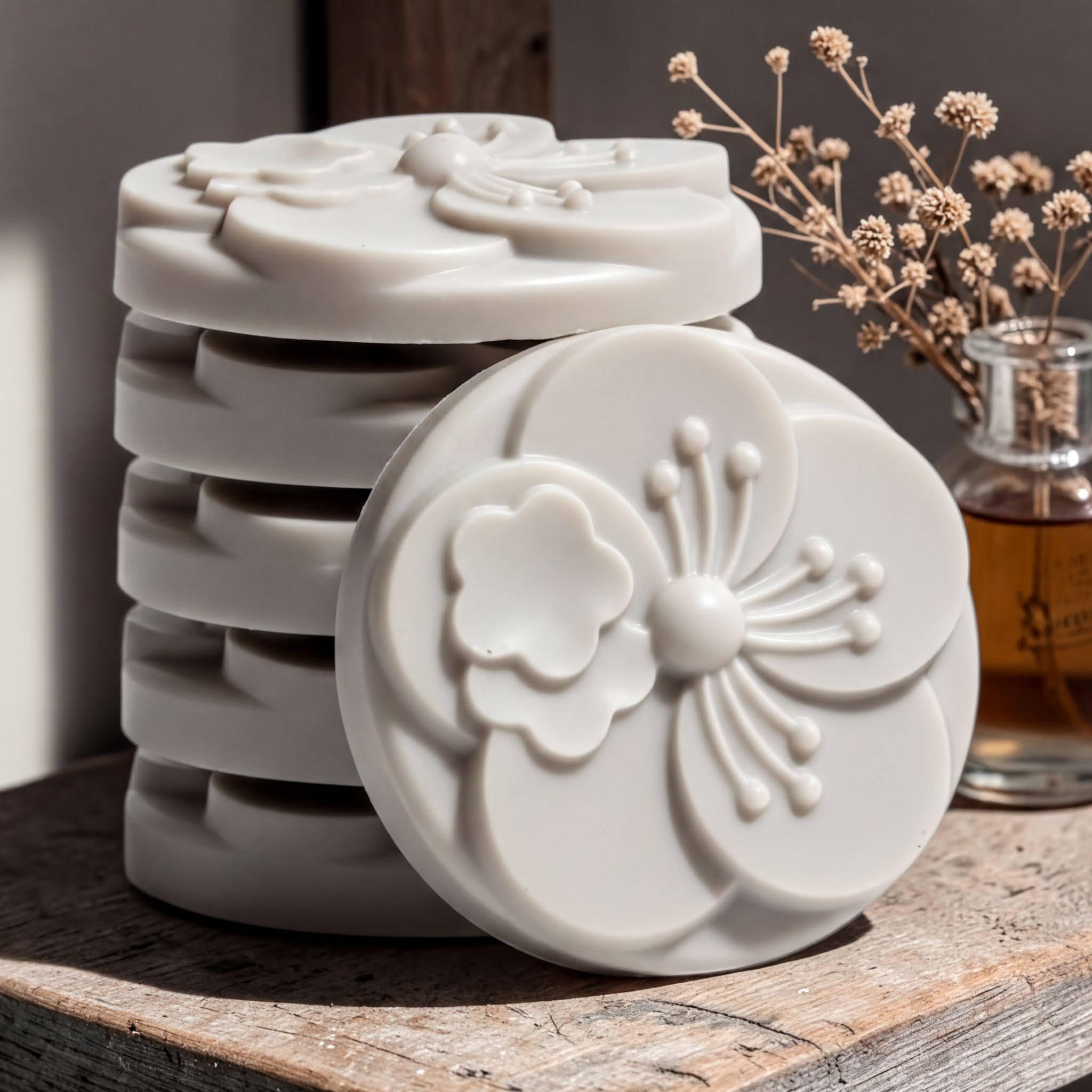 A stack of white, circular soap dishes with intricate floral designs sits on a wooden surface, accompanied by a small glass vase containing dried flowers.