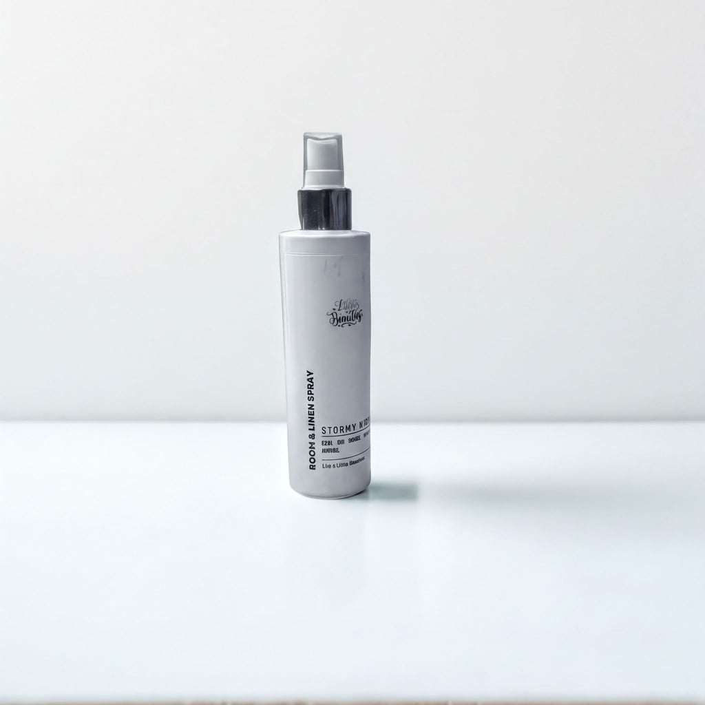 Stormy Night room & linen spray, natural fragrance in sleek white bottle with silver pump