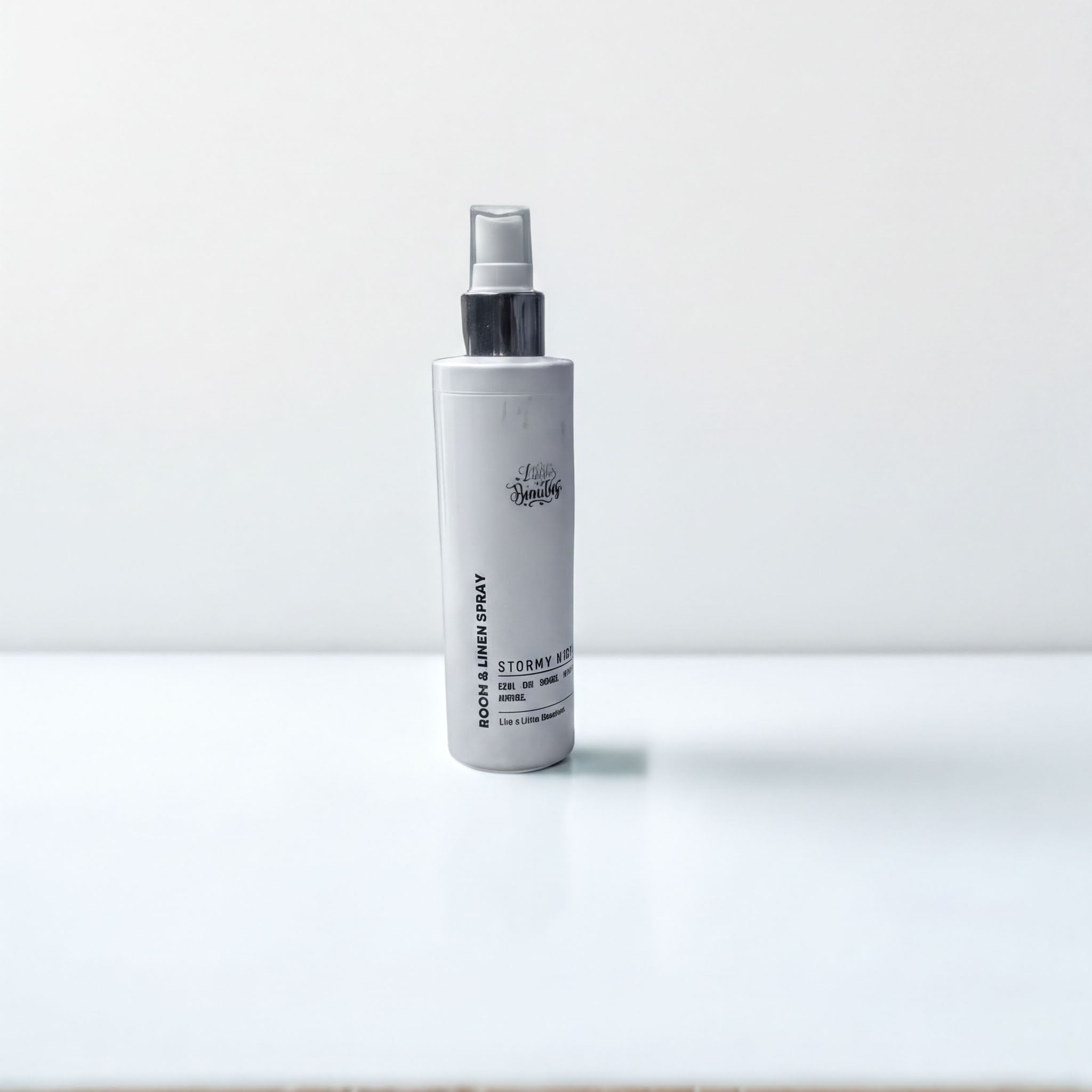 Stormy Night room & linen spray, natural fragrance in sleek white bottle with silver pump