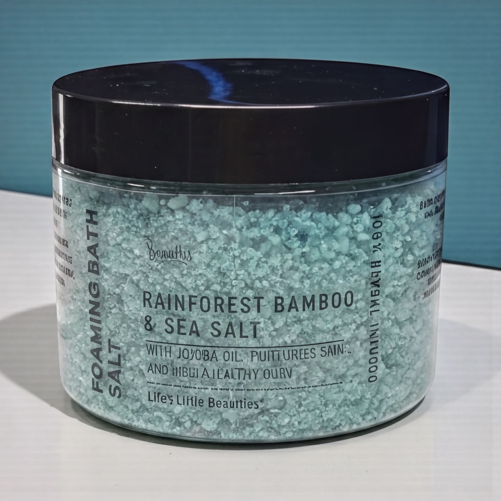 A jar of blue-green sea salt with a black lid, labeled as a "Rainforest Bamboo & Sea Salt" product.