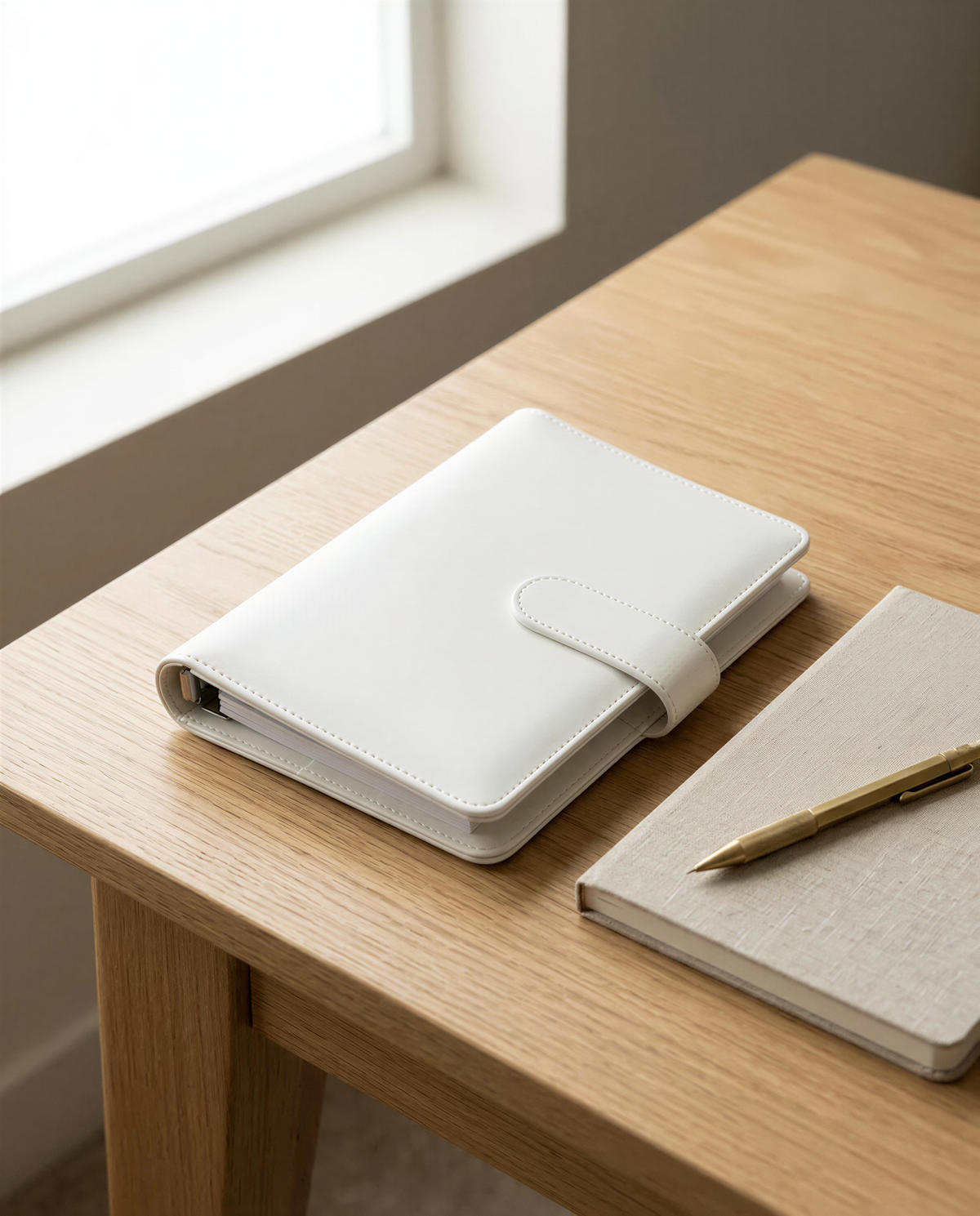 A white leather-bound notebook and a gold pen are placed on a wooden desk, with a window in the background.