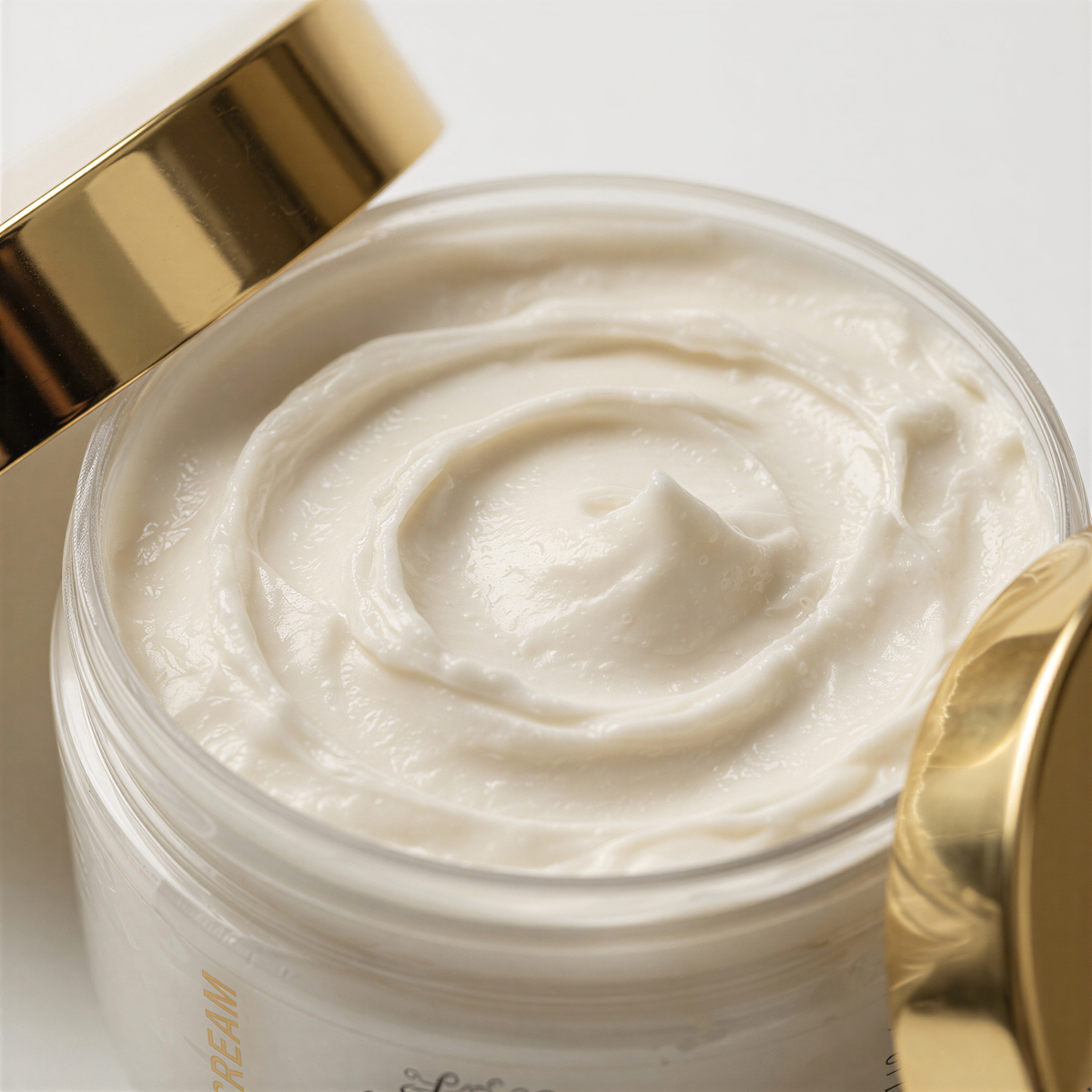 A jar of creamy white cream with a gold lid, placed on a white surface.