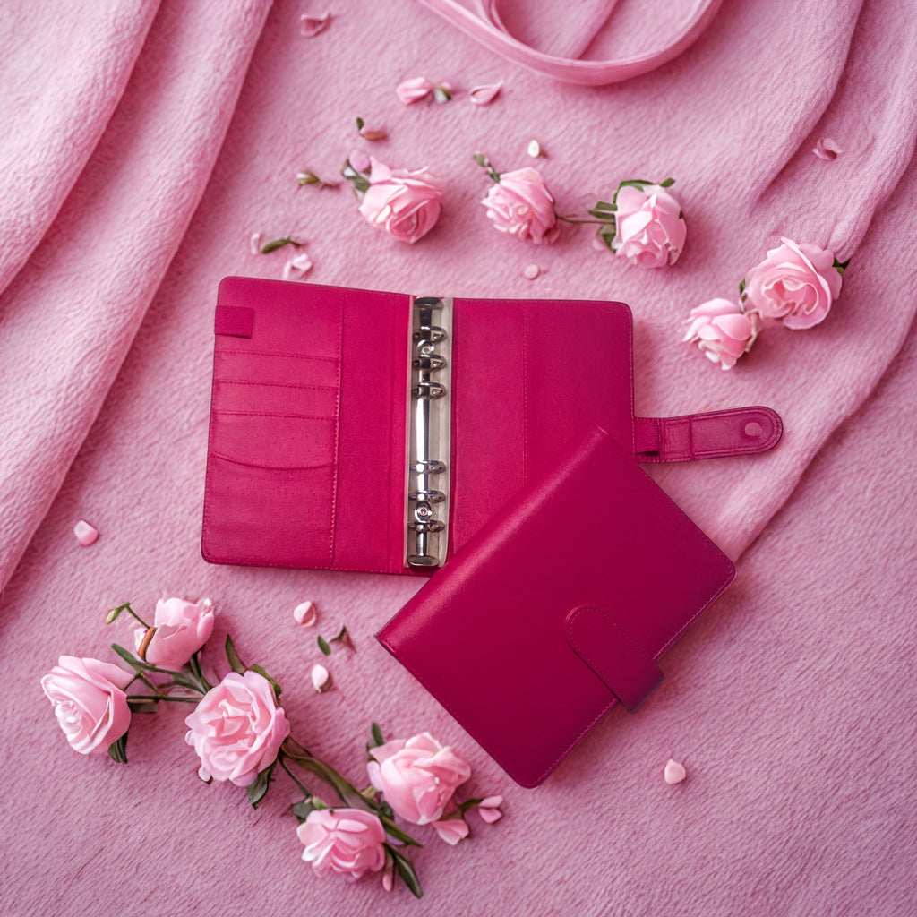 Pink planner with rose petals on soft fabric, styled for beauty routines