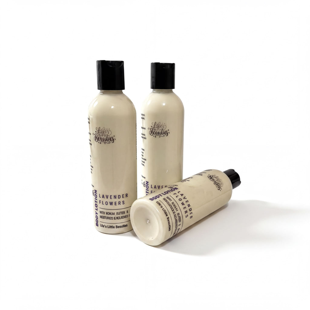 Three bottles of lotion with black caps, labeled as "Lavender Flowers" and "Lavender Flowers with Numerical Information".