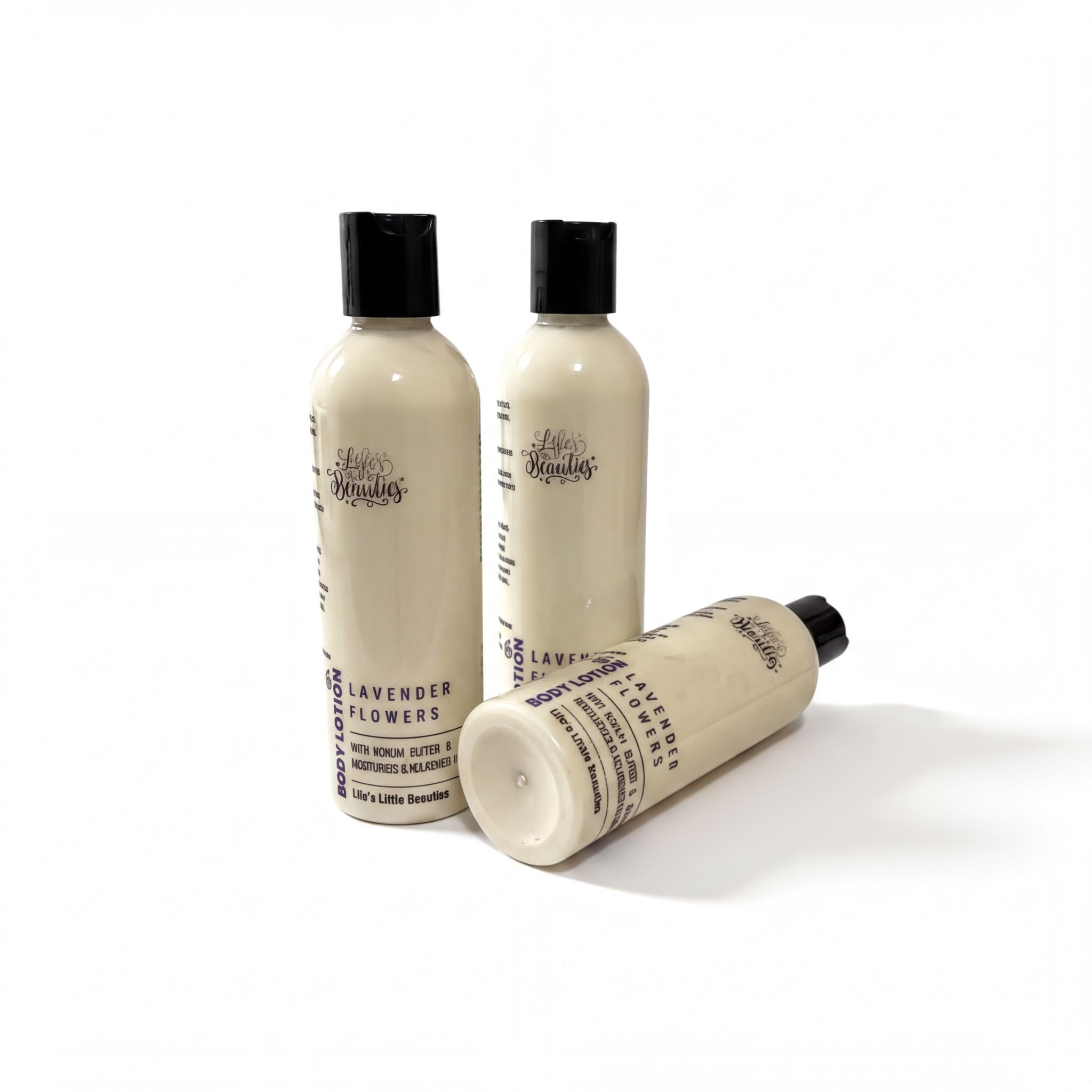 Three bottles of lotion with black caps, labeled as "Lavender Flowers" and "Lavender Flowers with Numerical Information".