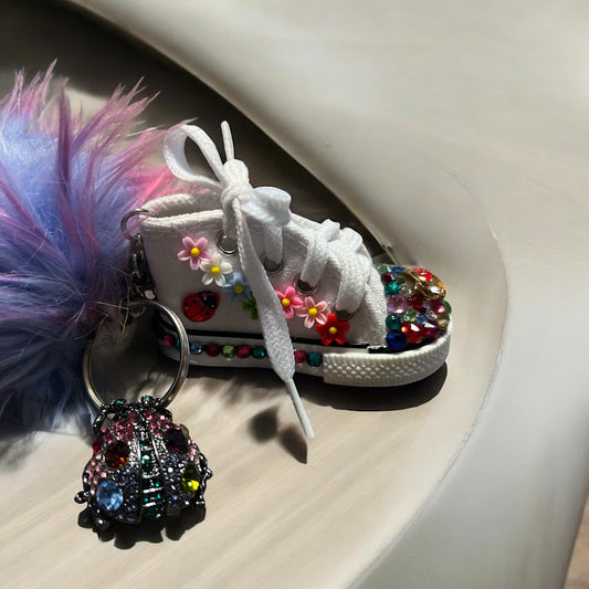 Bedazzled Handmade Converse Keychain - Blooming Ladybug
