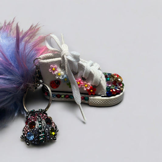 Bedazzled Handmade Converse Keychain - Blooming Ladybug