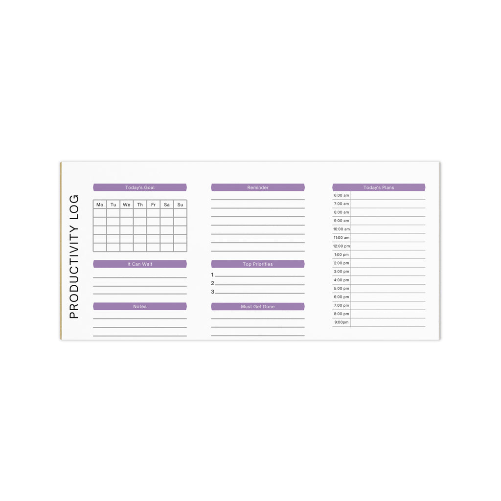 Productivity log planner with daily goal, priority, and schedule sections for organized task management