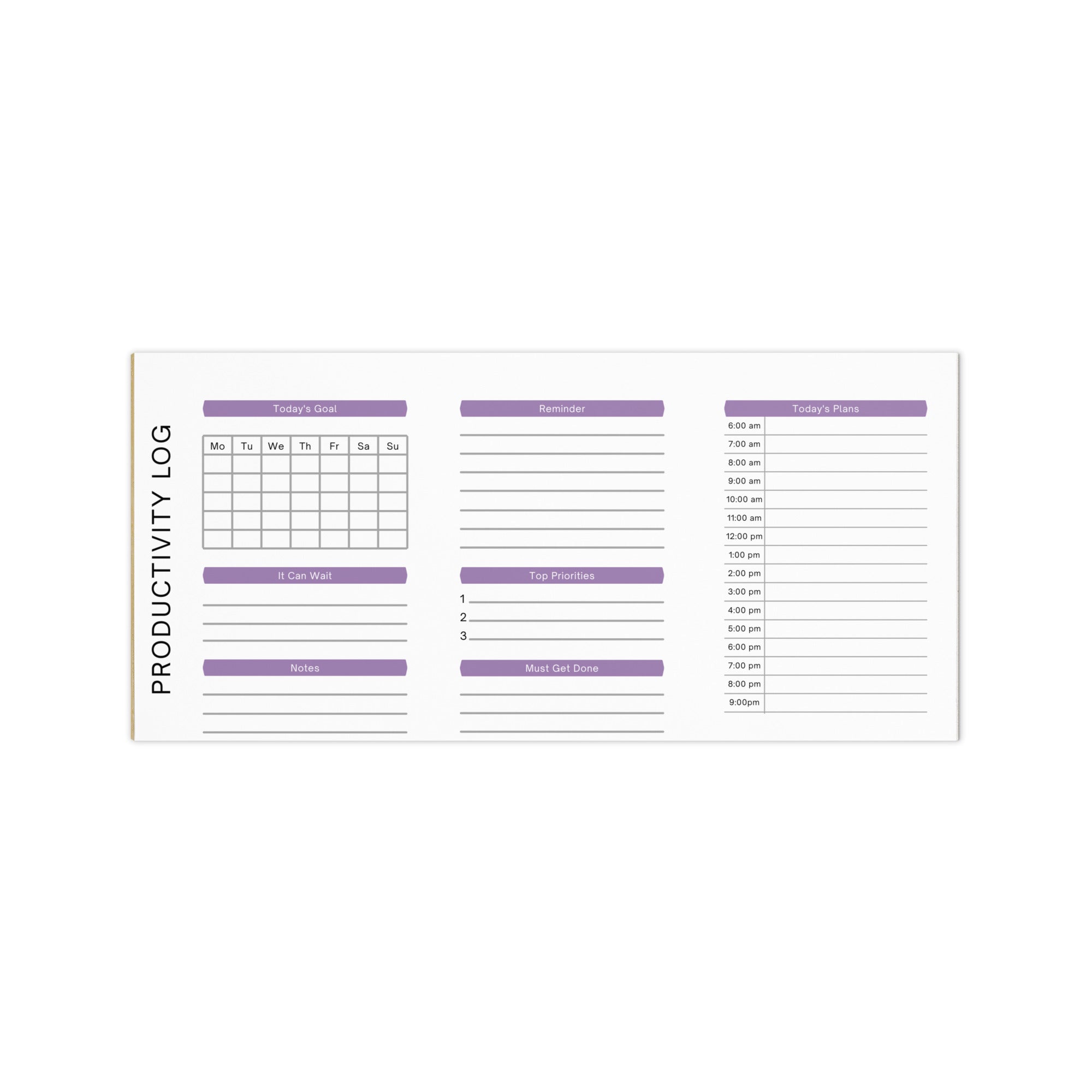Productivity log planner with daily goal, priority, and schedule sections for organized task management