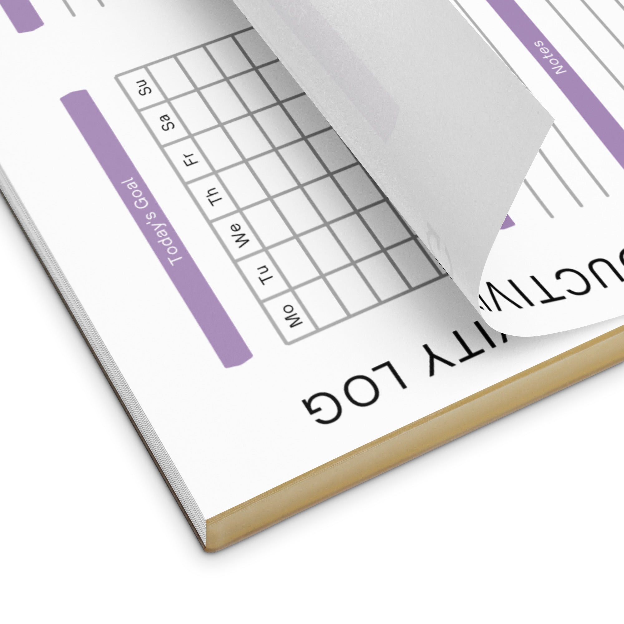 Productivity log notebook with weekly grid and today's goal section, purple accents, clean design