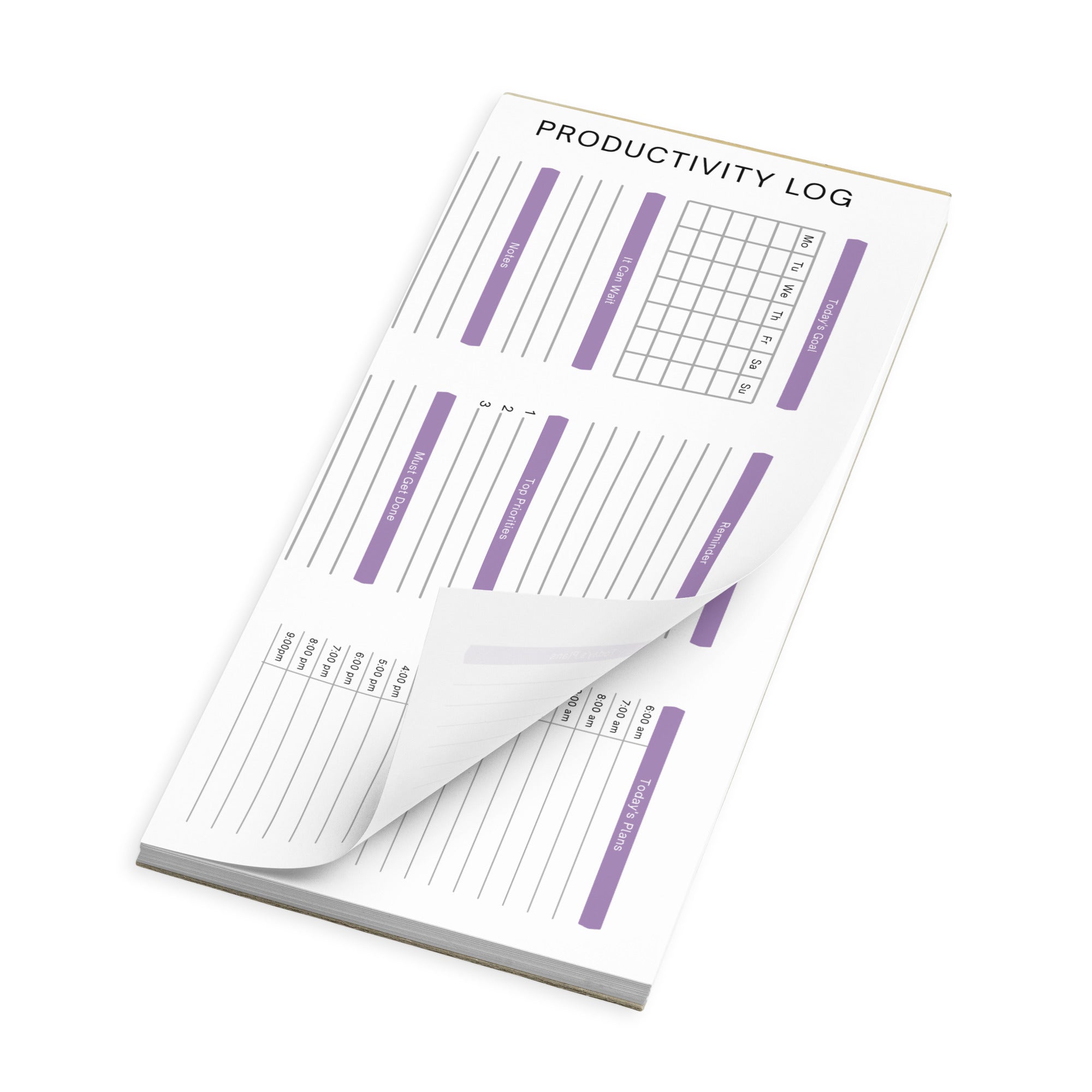 Productivity log planner with purple accents for daily task tracking and goal setting