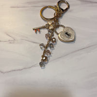 White Heart Lock and Key Jeweled Keychain