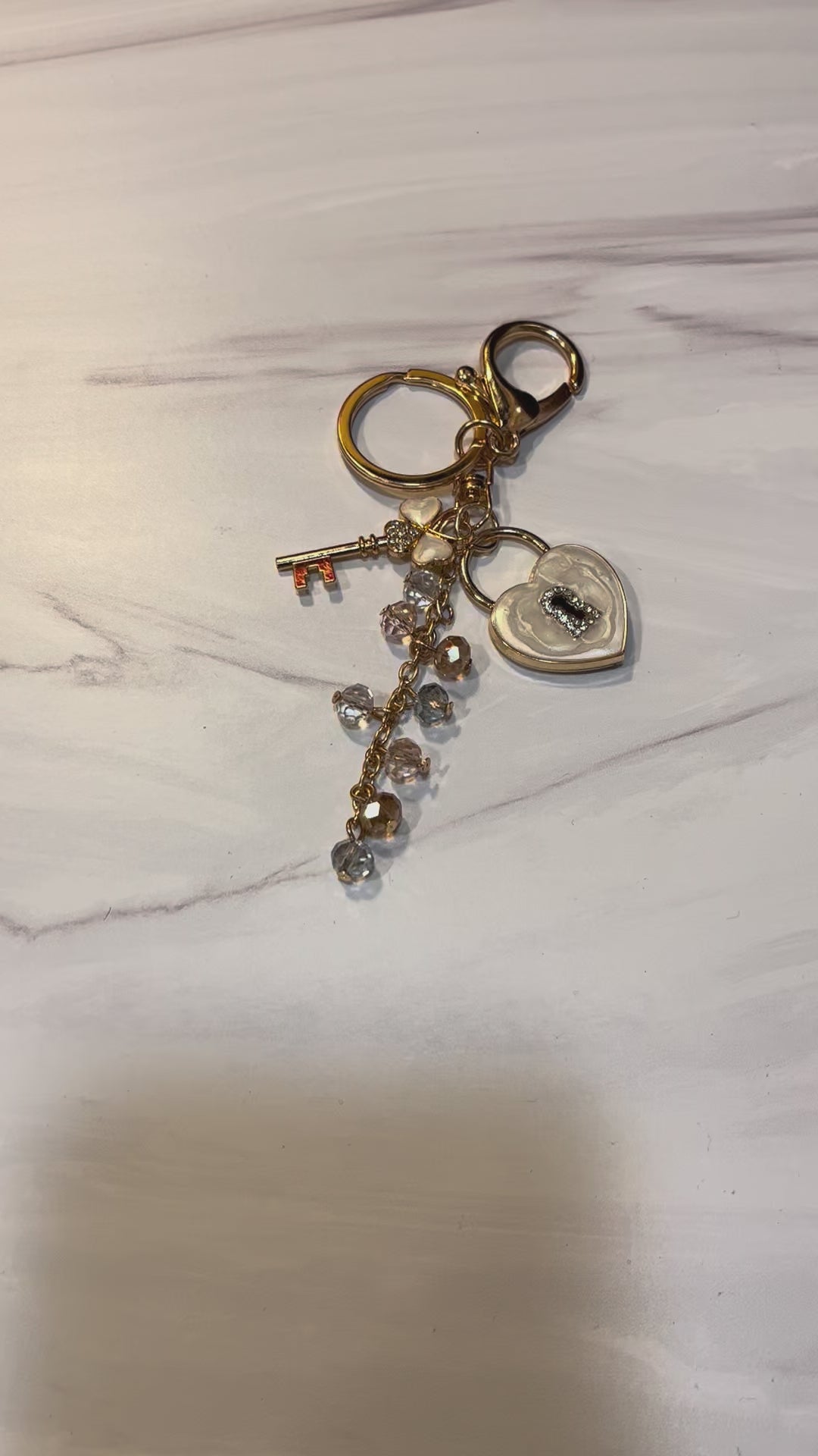 White Heart Lock and Key Jeweled Keychain